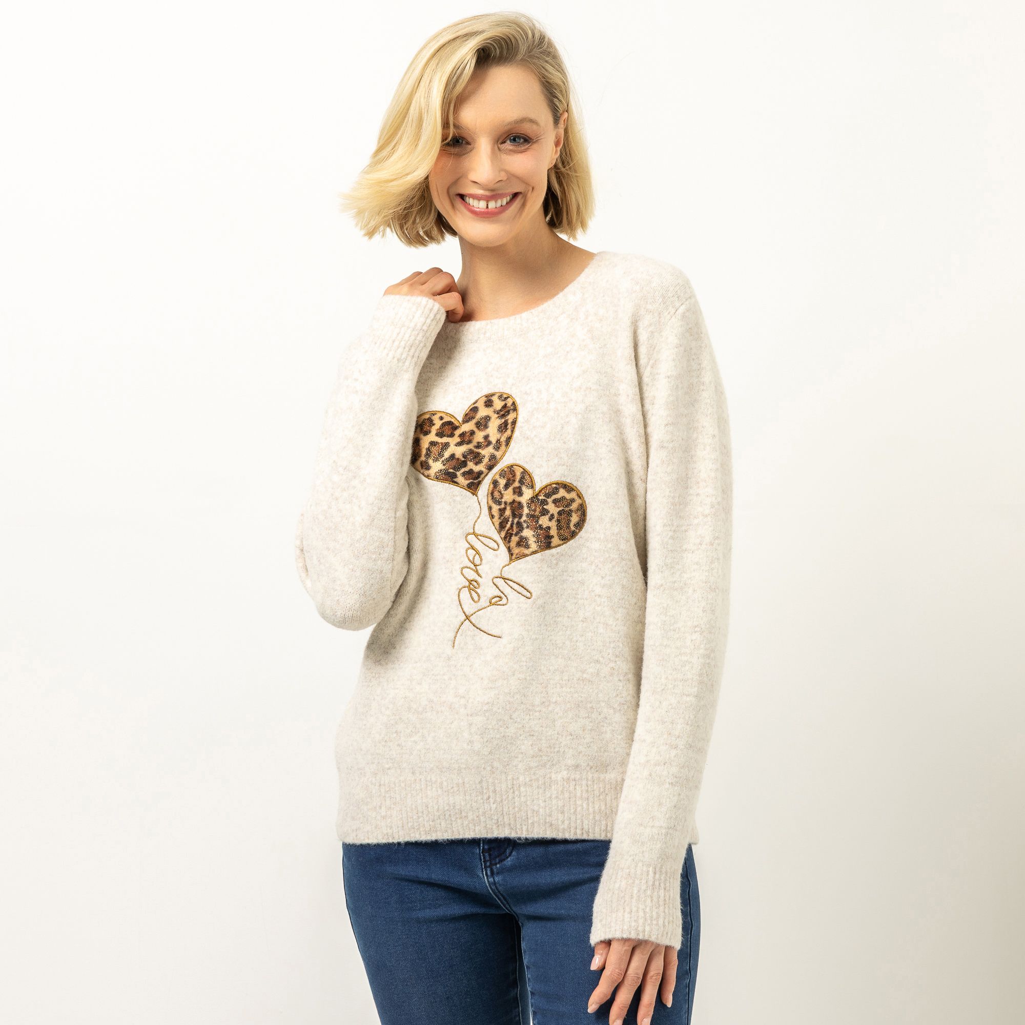 VIA MILANO Pullover Rundhalsausschnitt Herzchen-Details figurumspielend