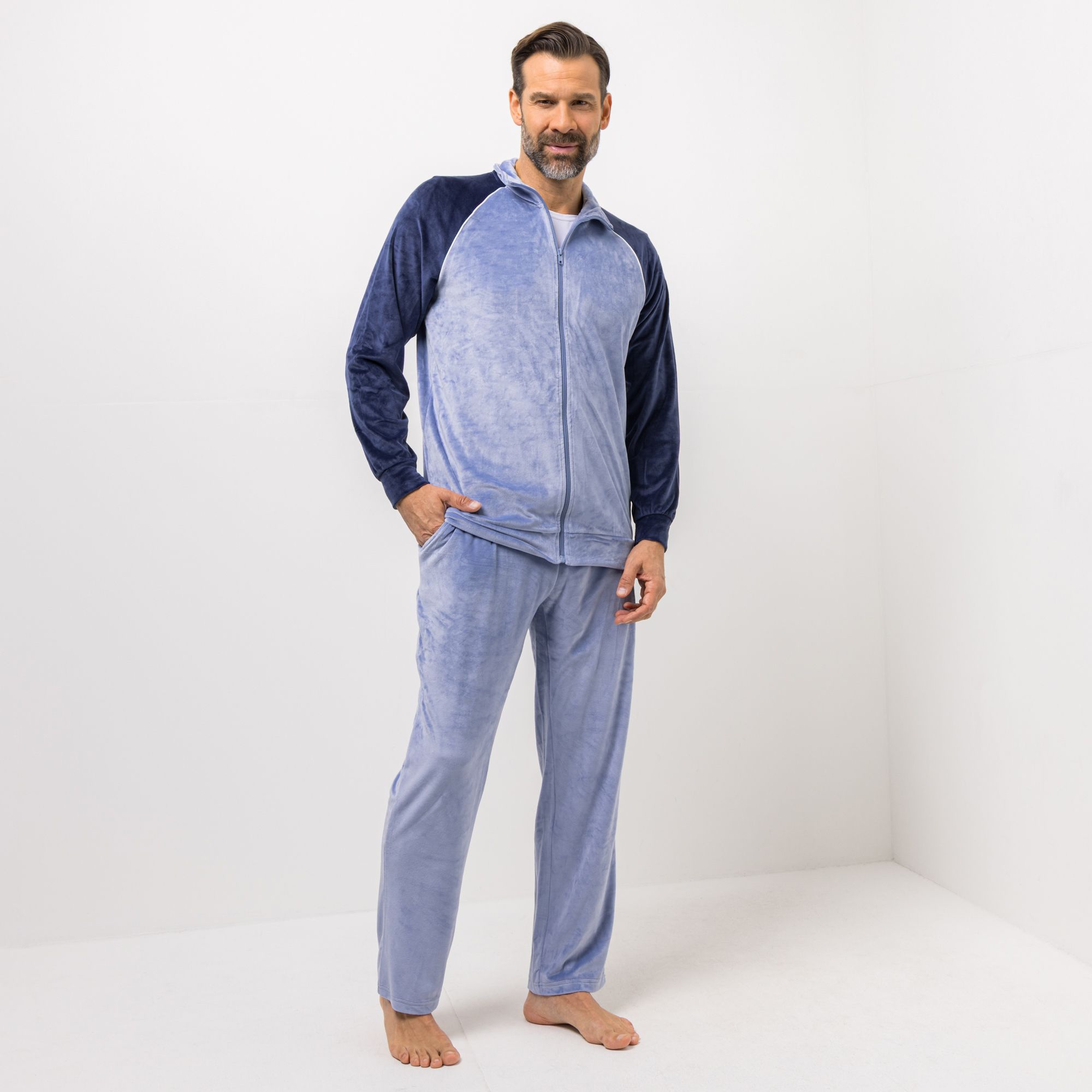 MEN'S TOUCH Hausanzug Nicki Kontrastdetails schmale Passform