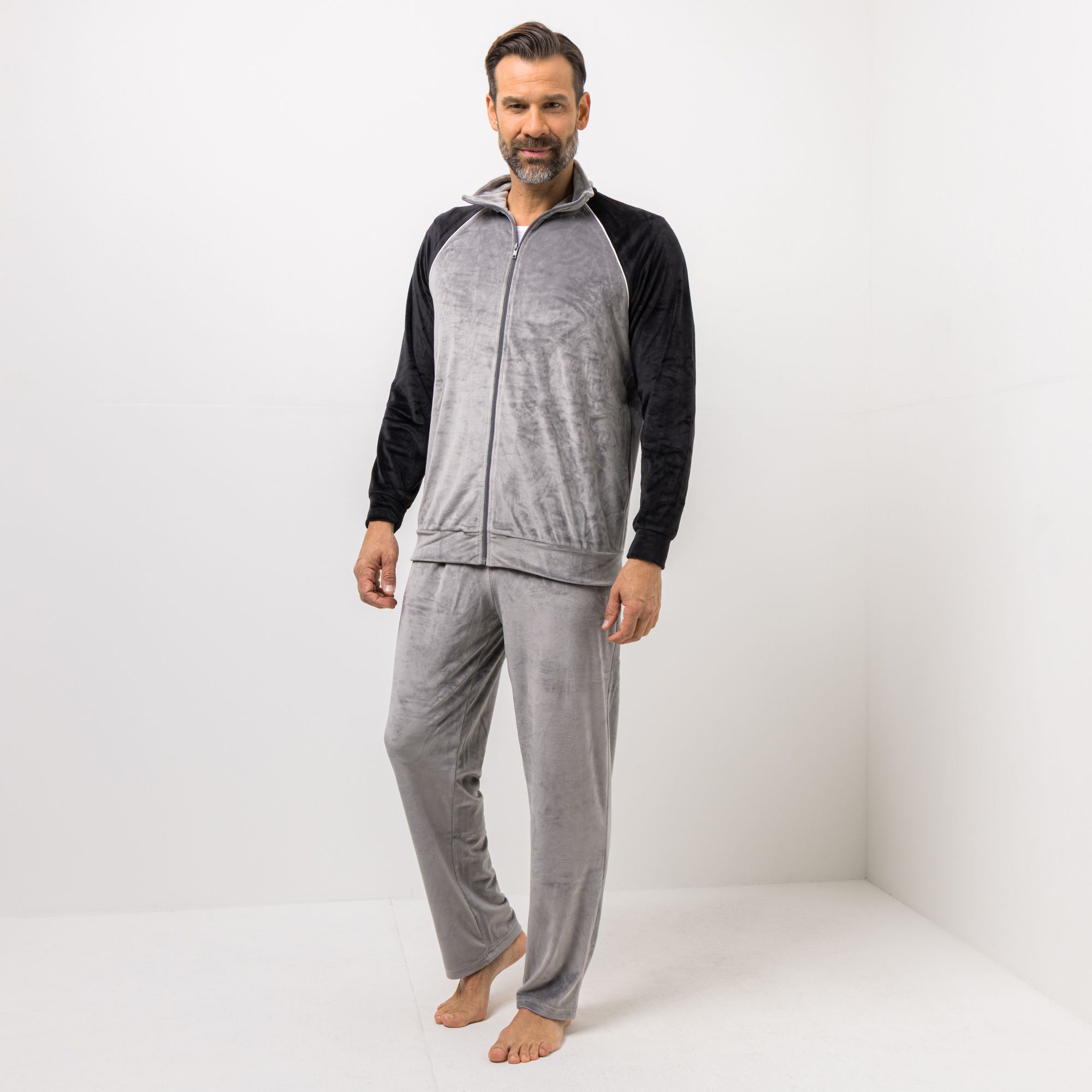 MEN'S TOUCH Hausanzug Nicki Kontrastdetails schmale Passform