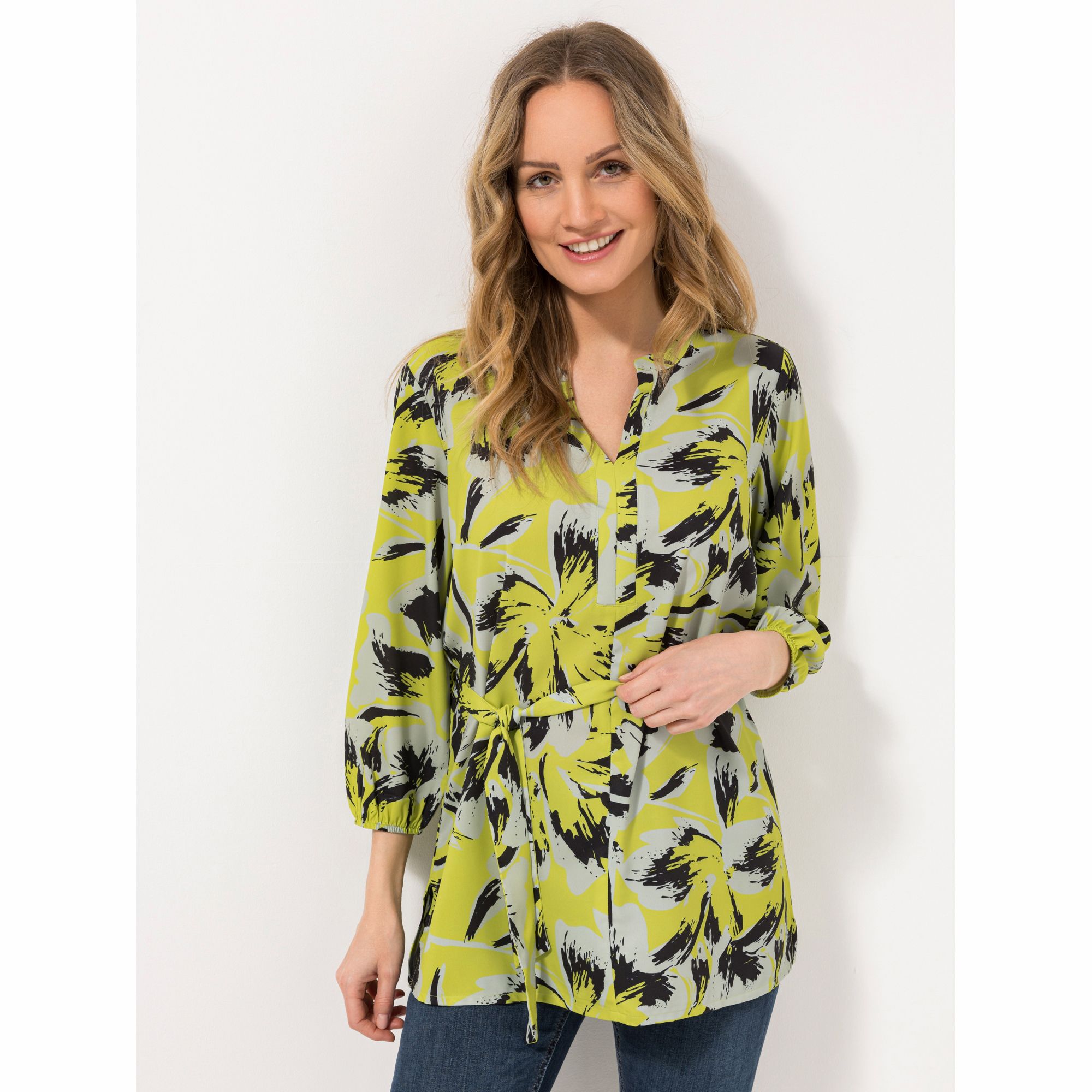 VIA MILANO Tunika, 3/4-Arm Serafinoausschnitt Bindeband Allover Druck