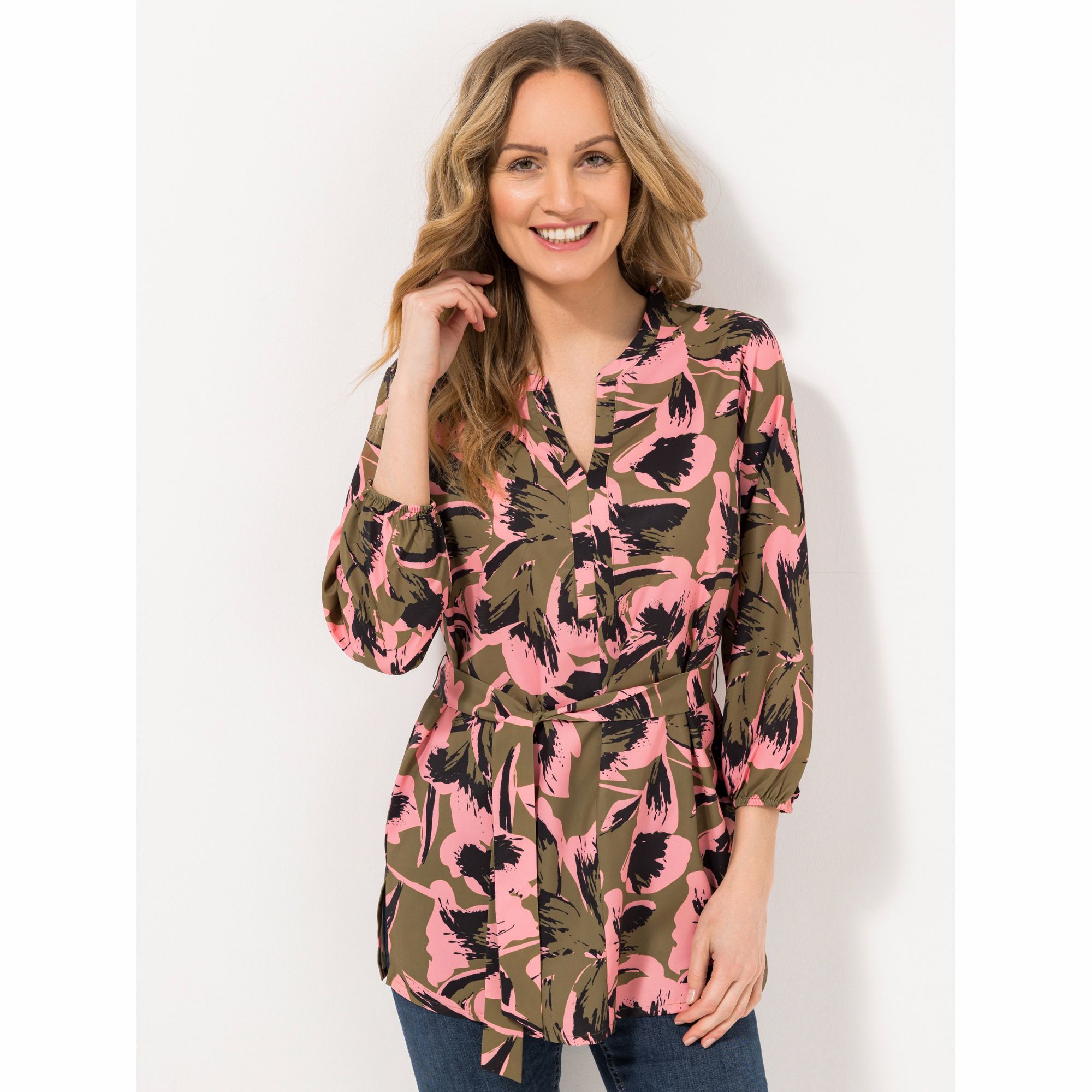 VIA MILANO Tunika, 3/4-Arm Serafinoausschnitt Bindeband Allover Druck