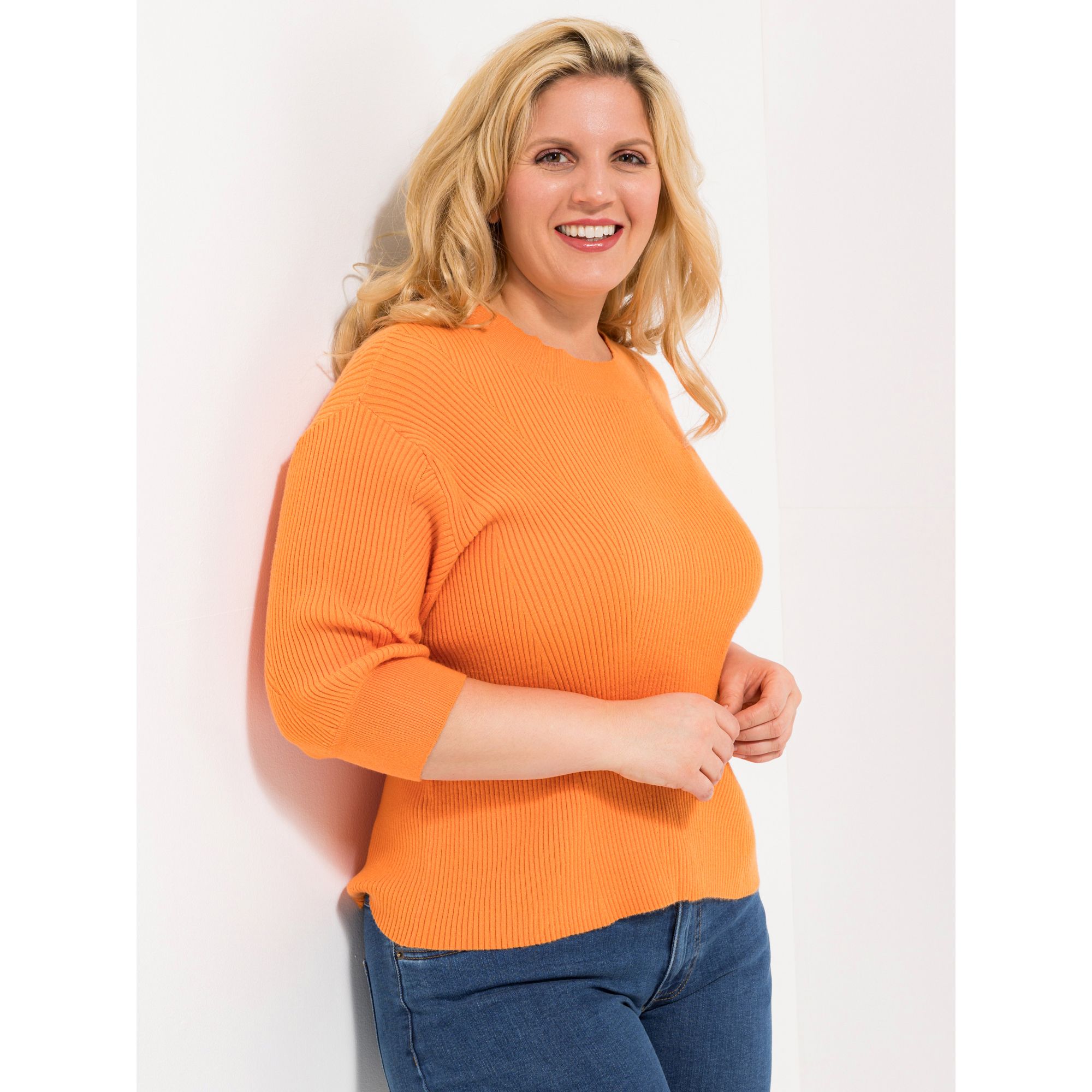 ROCK YOUR CURVES by Angelina K. Strickshirt, 1/2-Arm Rundhalsausschnitt Rippbündchen