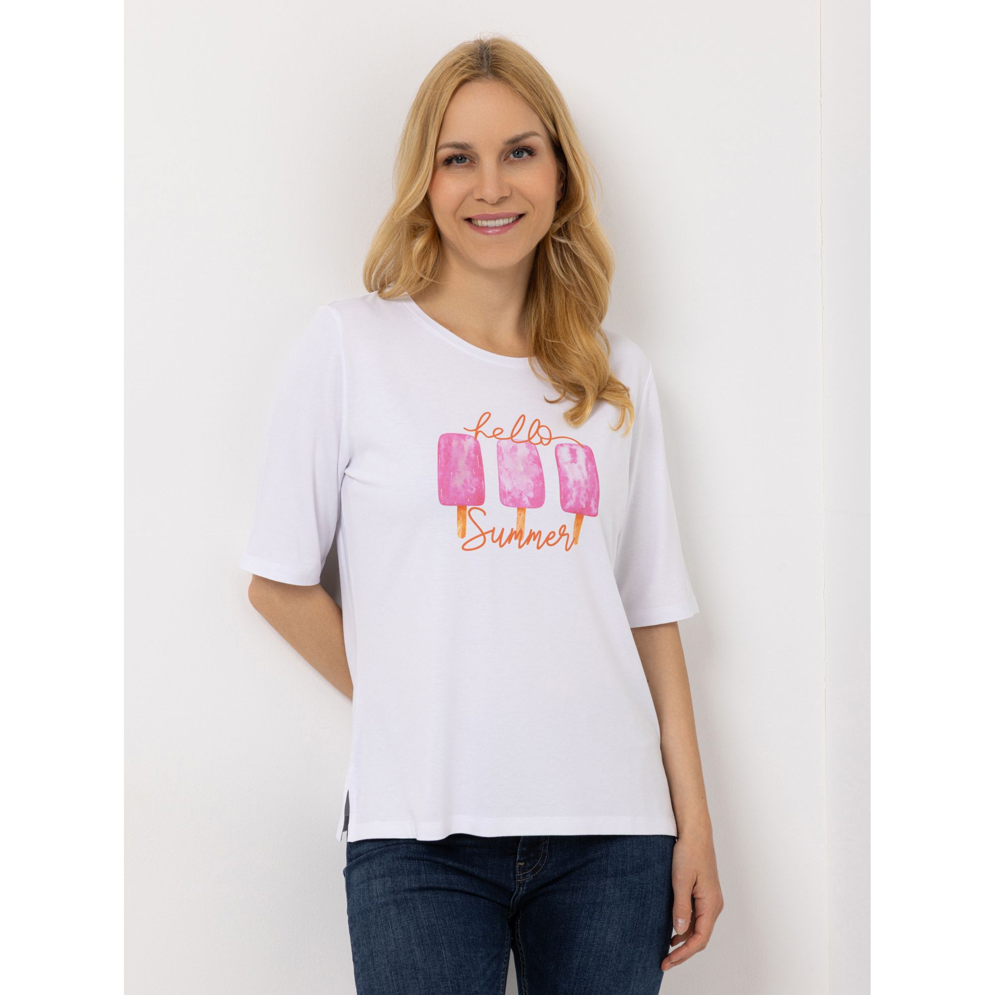 DENIM & CO. Shirt, langer 1/2-Arm Rundhalsausschnitt Seitenschlitze platzierter Druck