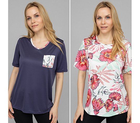 LITTLE ROSE 2 Shirts, 1/2-Arm Mikrofaser Jersey floraler Druck & uni mit Kontrast