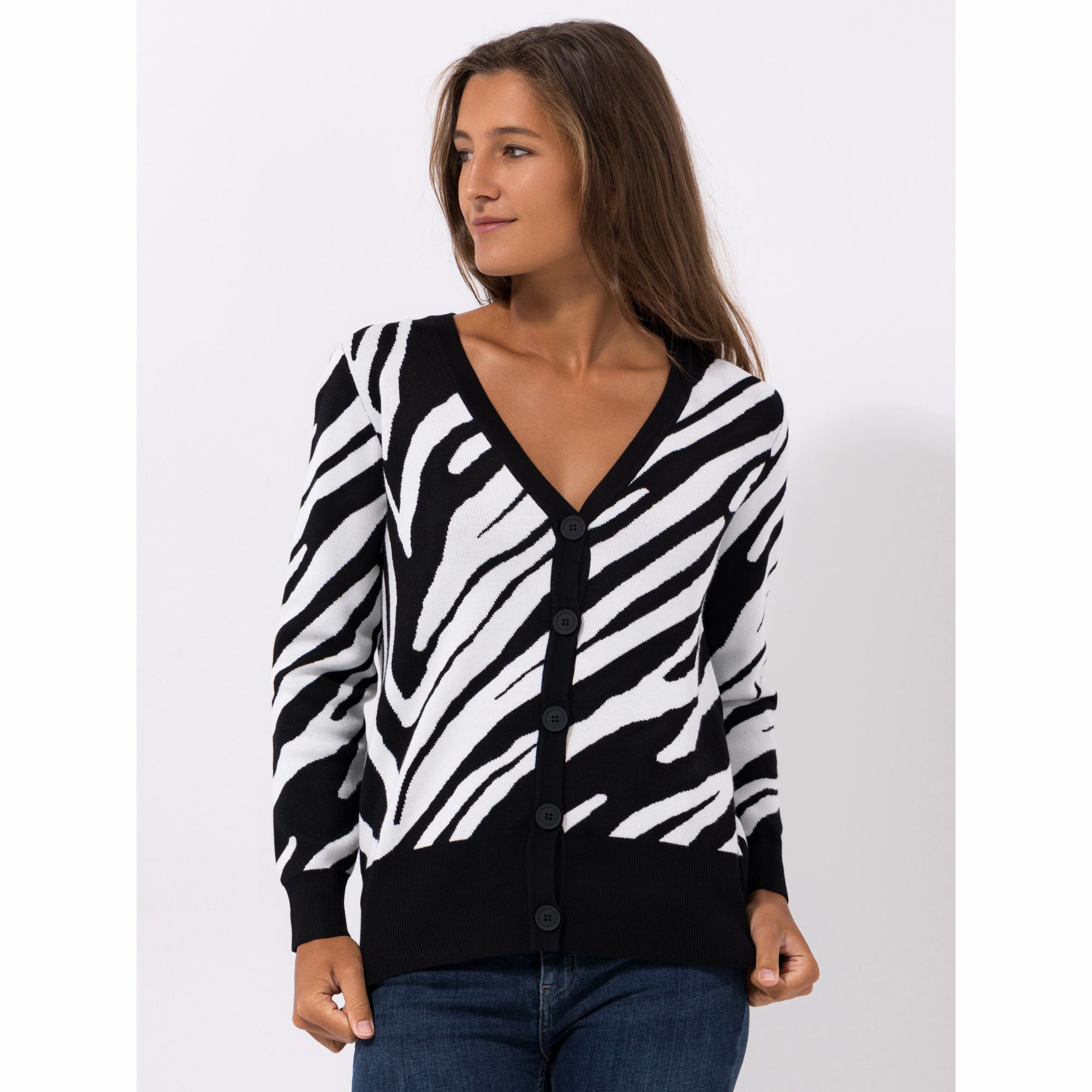 DENIM & CO. Cardigan, 1/1-Arm V-Ausschnitt mit Knopfleiste figurumspielend