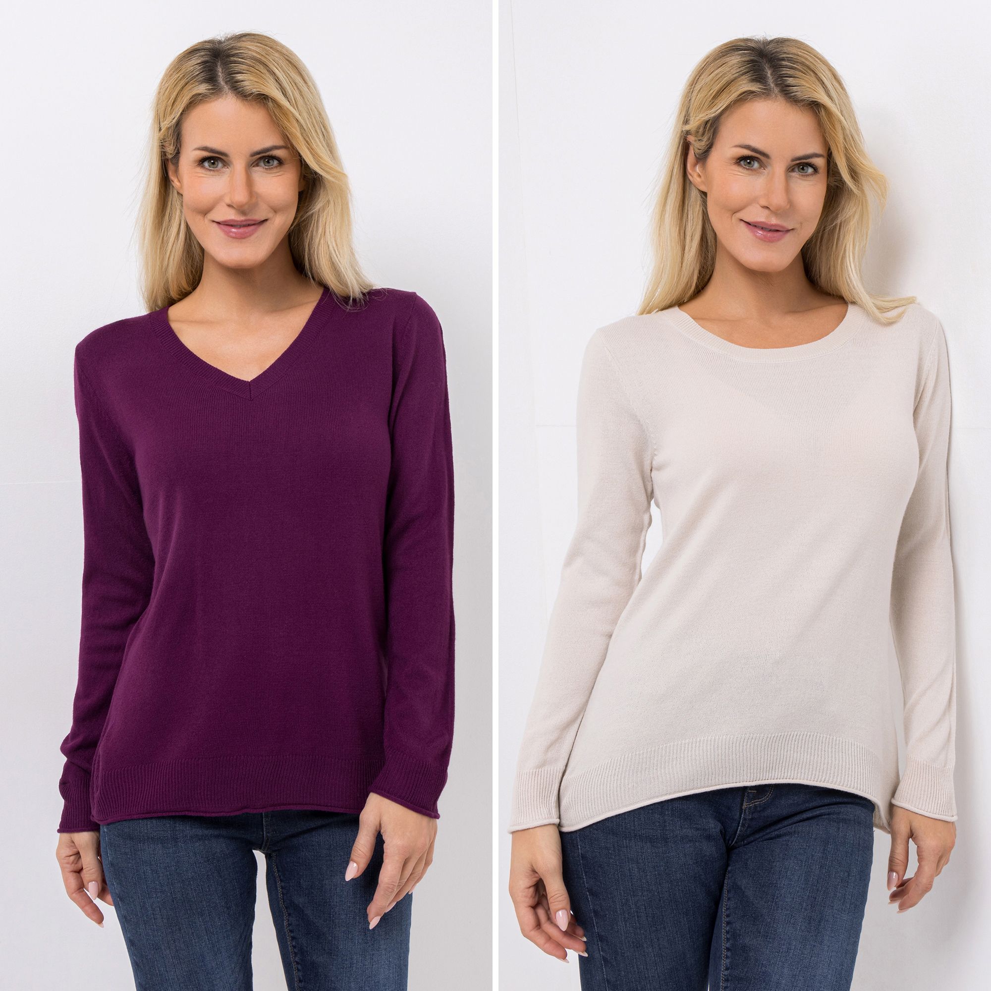 CASHMASOFT 2er Set Pullover Cashmeregriff Rund- & V-Ausschnitt abgesetzte Bündchen