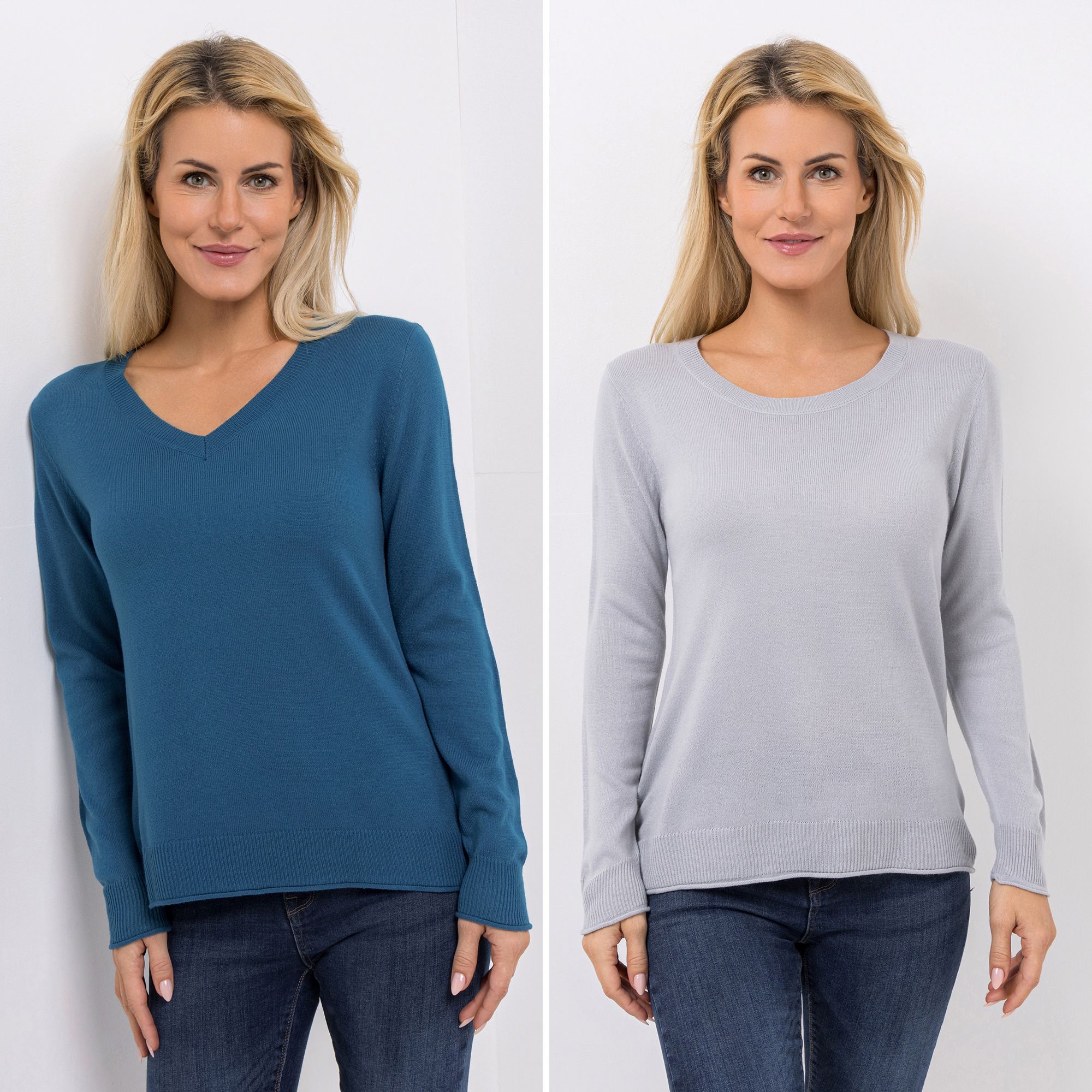 CASHMASOFT 2er Set Pullover Cashmeregriff Rund- & V-Ausschnitt abgesetzte Bündchen