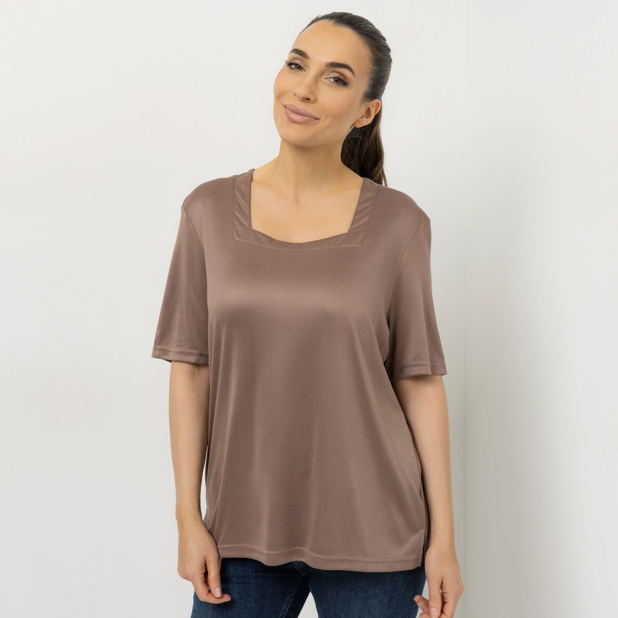 JERYMOOD HOMEWEAR Shirt, 1/2-Arm Mikrofaser Karree-Ausschnitt Seitenschlitzen