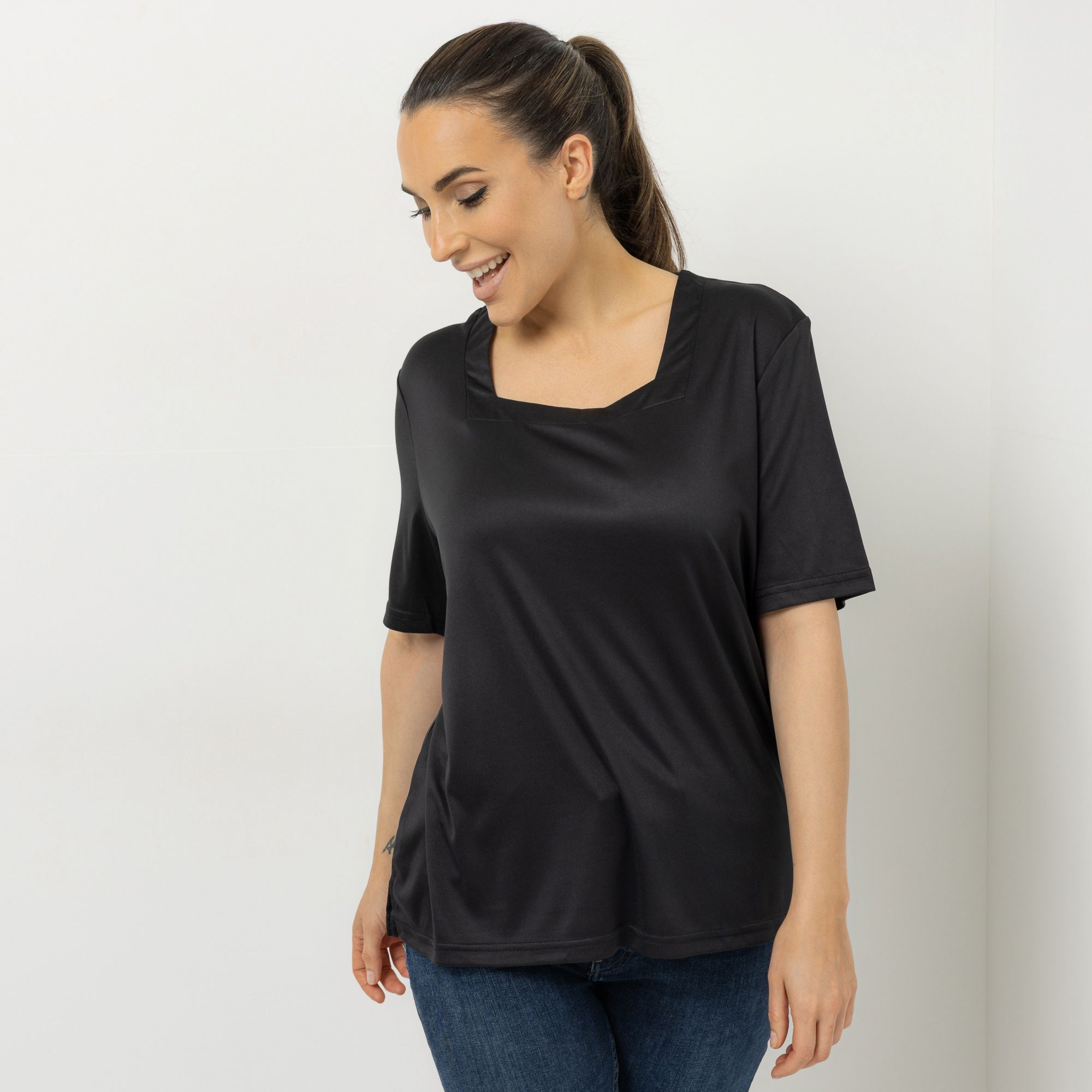 JERYMOOD HOMEWEAR Shirt, 1/2-Arm Mikrofaser Karree-Ausschnitt Seitenschlitzen