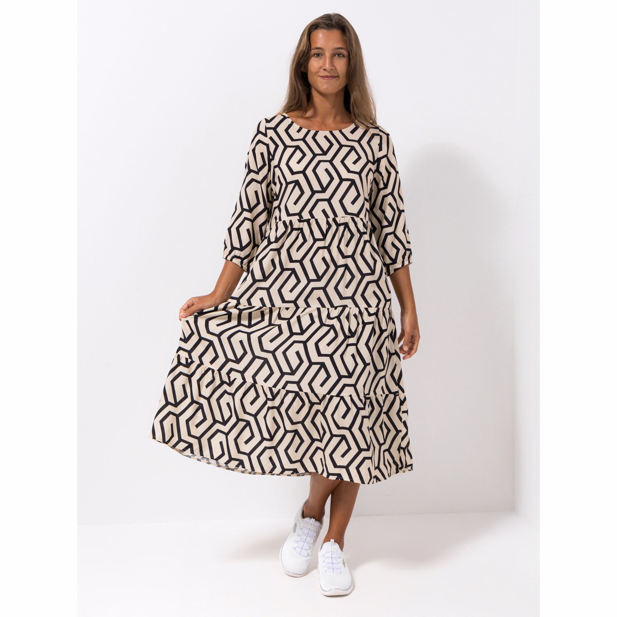 VIA MILANO Kleid, 3/4-Arm Rundhalsausschnitt Volant-Detail Länge: Mitte Wade