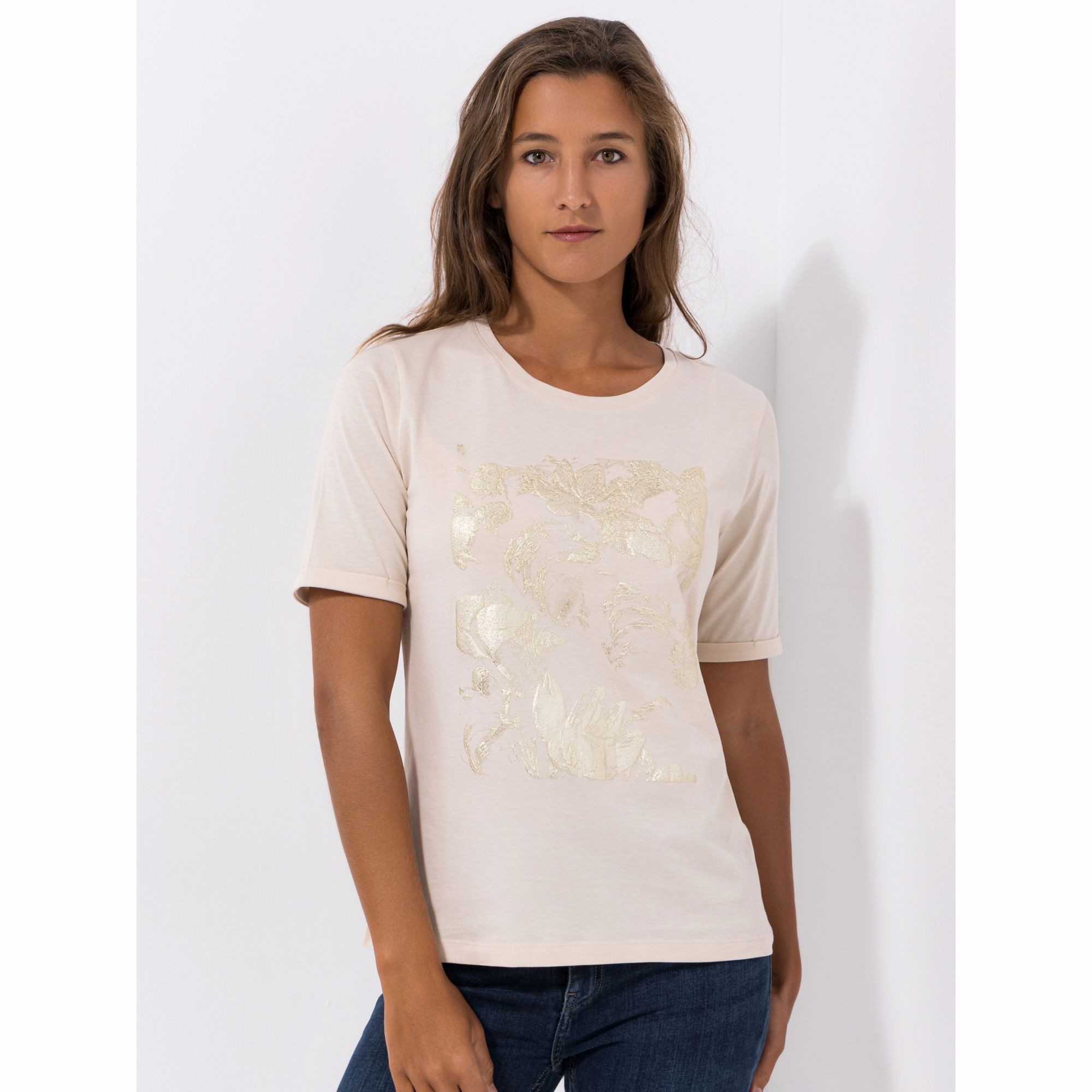 DENIM & CO. Shirt, 1/2-Arm Metallic Druck Rundhalsausschnitt Figurumspielend