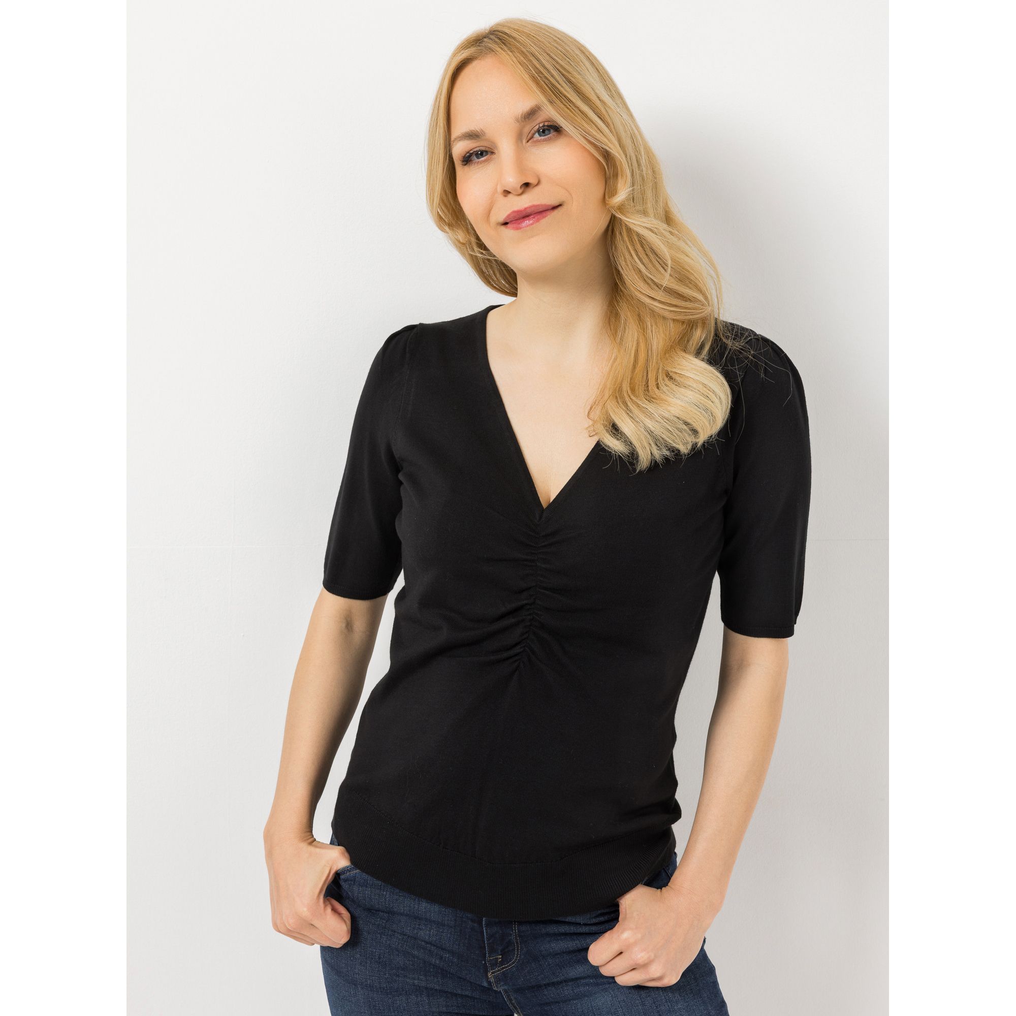 VIA MILANO Pullover langer Halbarm V-Ausschnitt Raffung