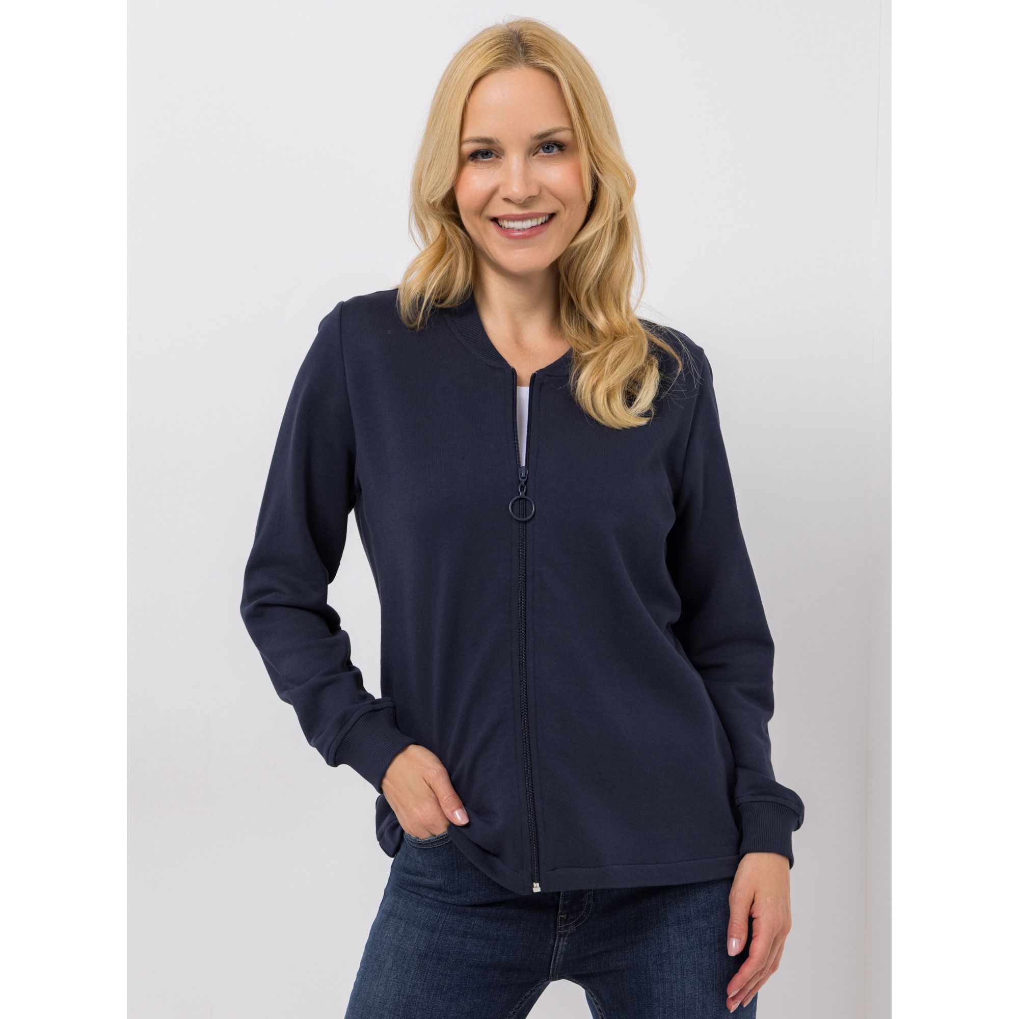 DENIM & CO. Sweatjacke, 1/1-Arm Rippenbundabschluss Reißverschluss figurumspielend