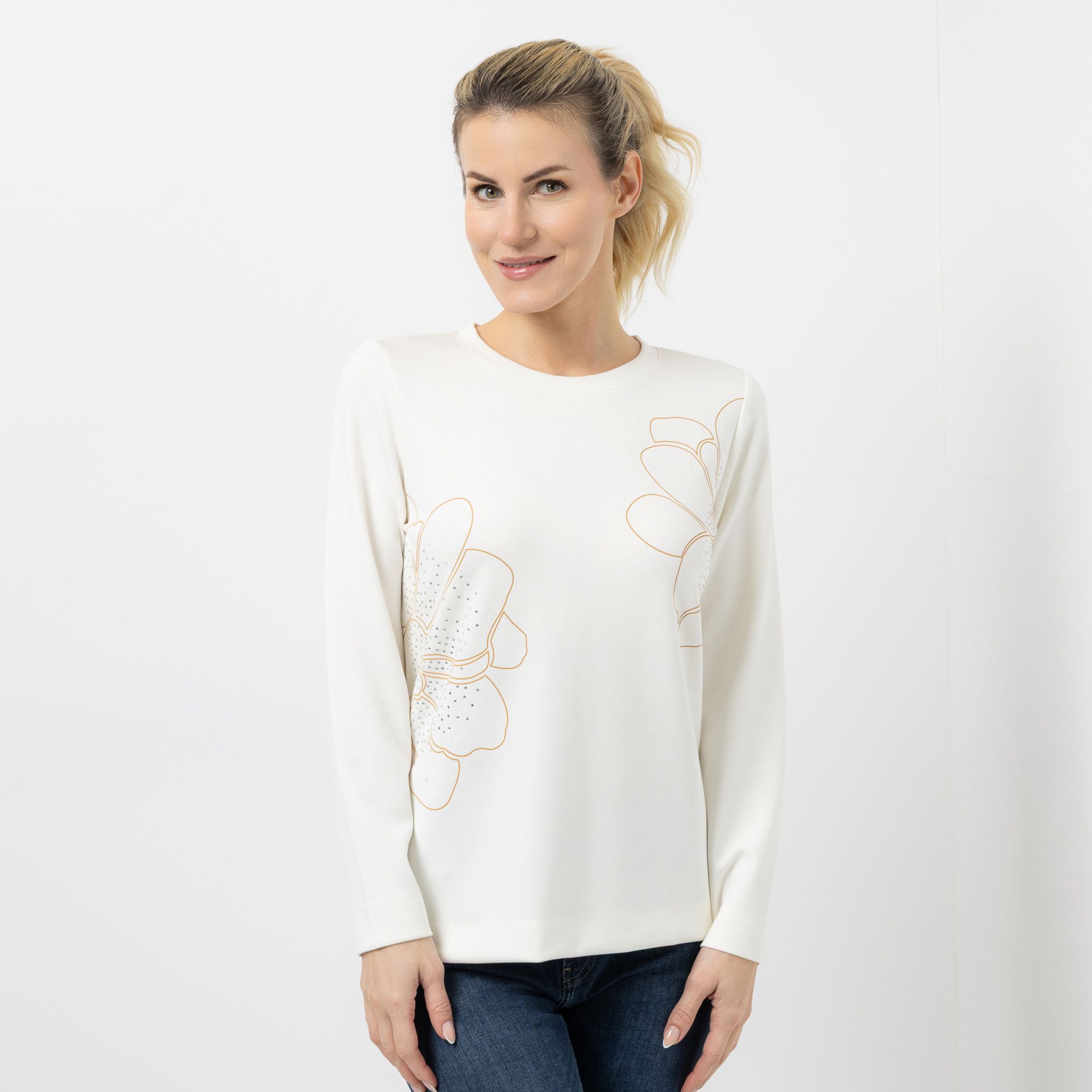 VIA MILANO Sweatshirt, 1/1-Arm Rundhalsausschnitt Strass-Details figurumspielend