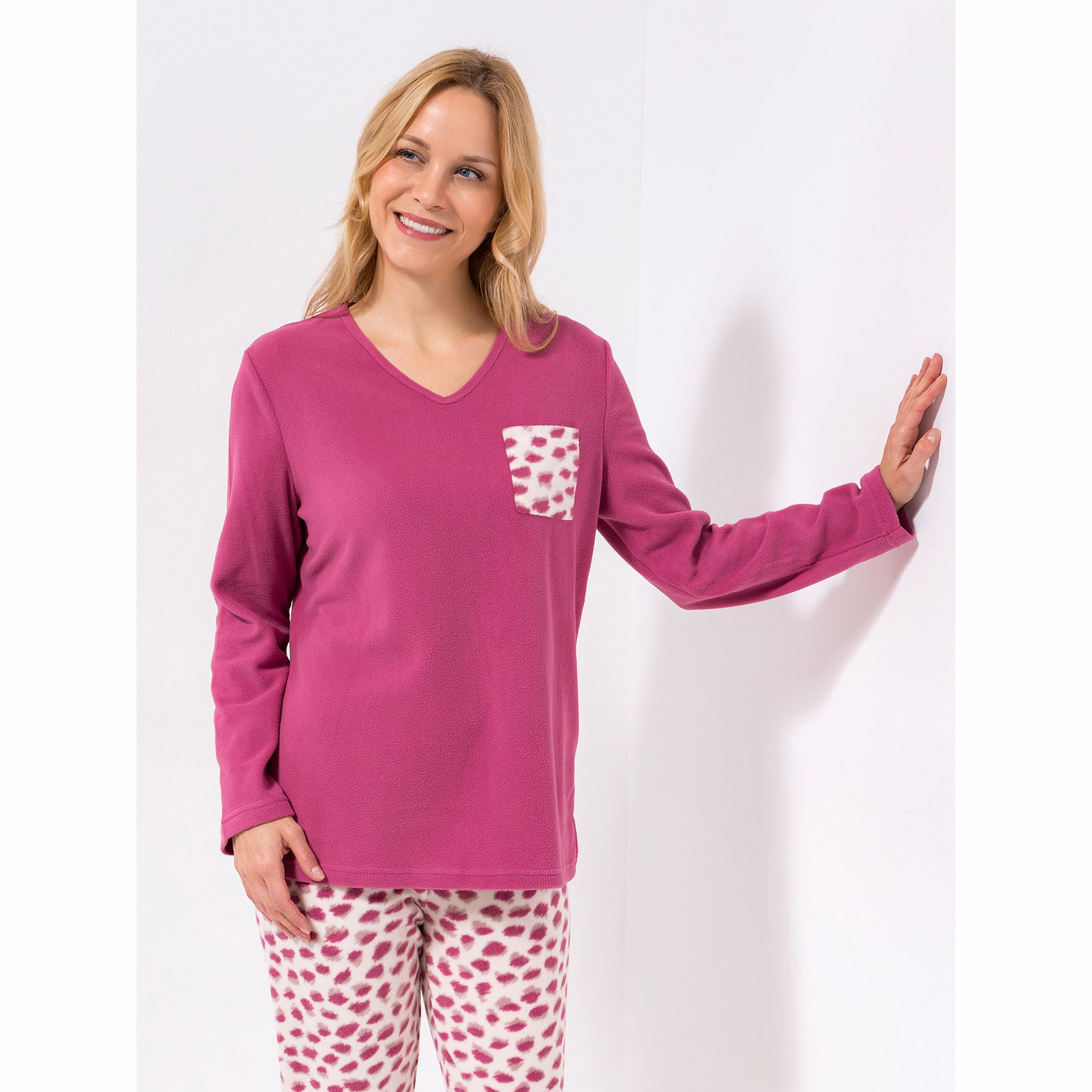 POLARSTERN HOMEWEAR Shirt, 1/1 Arm Mikrofaser Fleece V-Ausschnitt aufgesetzte Tasche