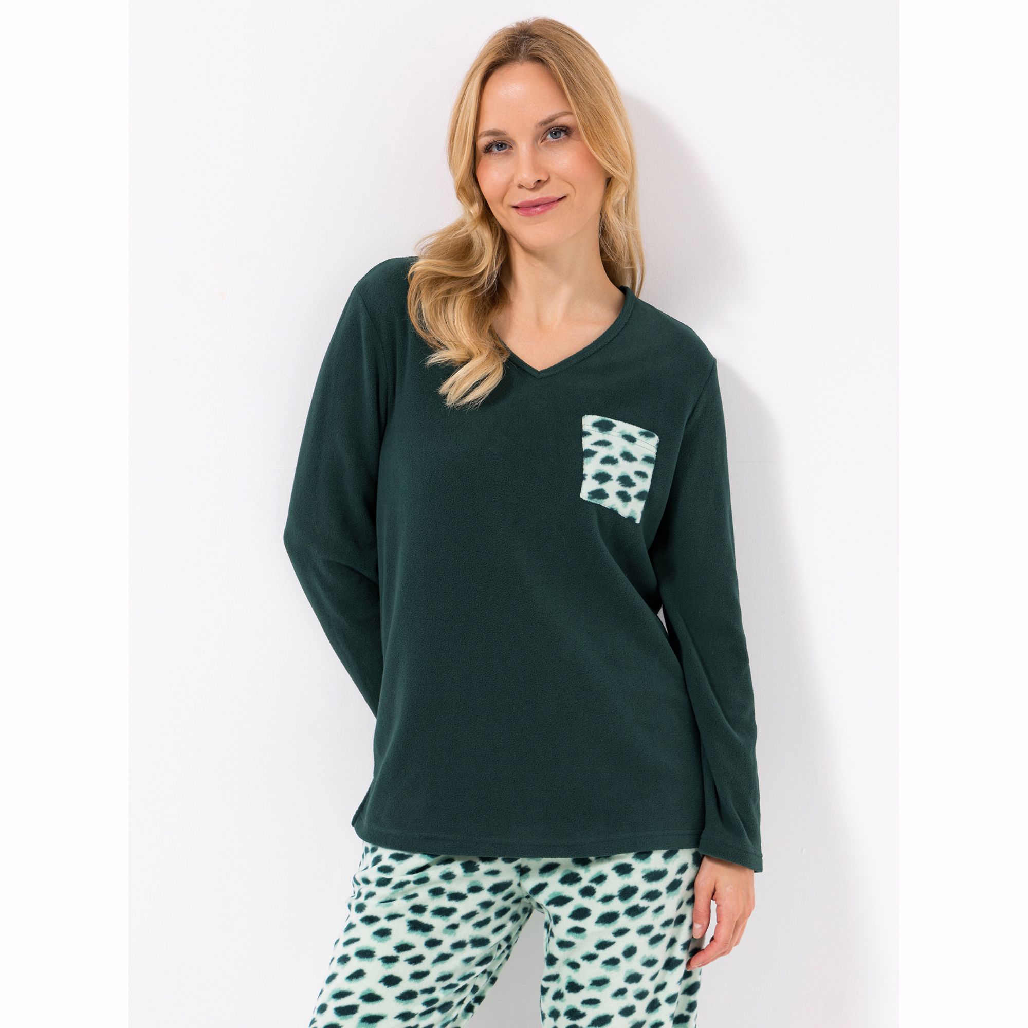 POLARSTERN HOMEWEAR Shirt, 1/1 Arm Mikrofaser Fleece V-Ausschnitt aufgesetzte Tasche