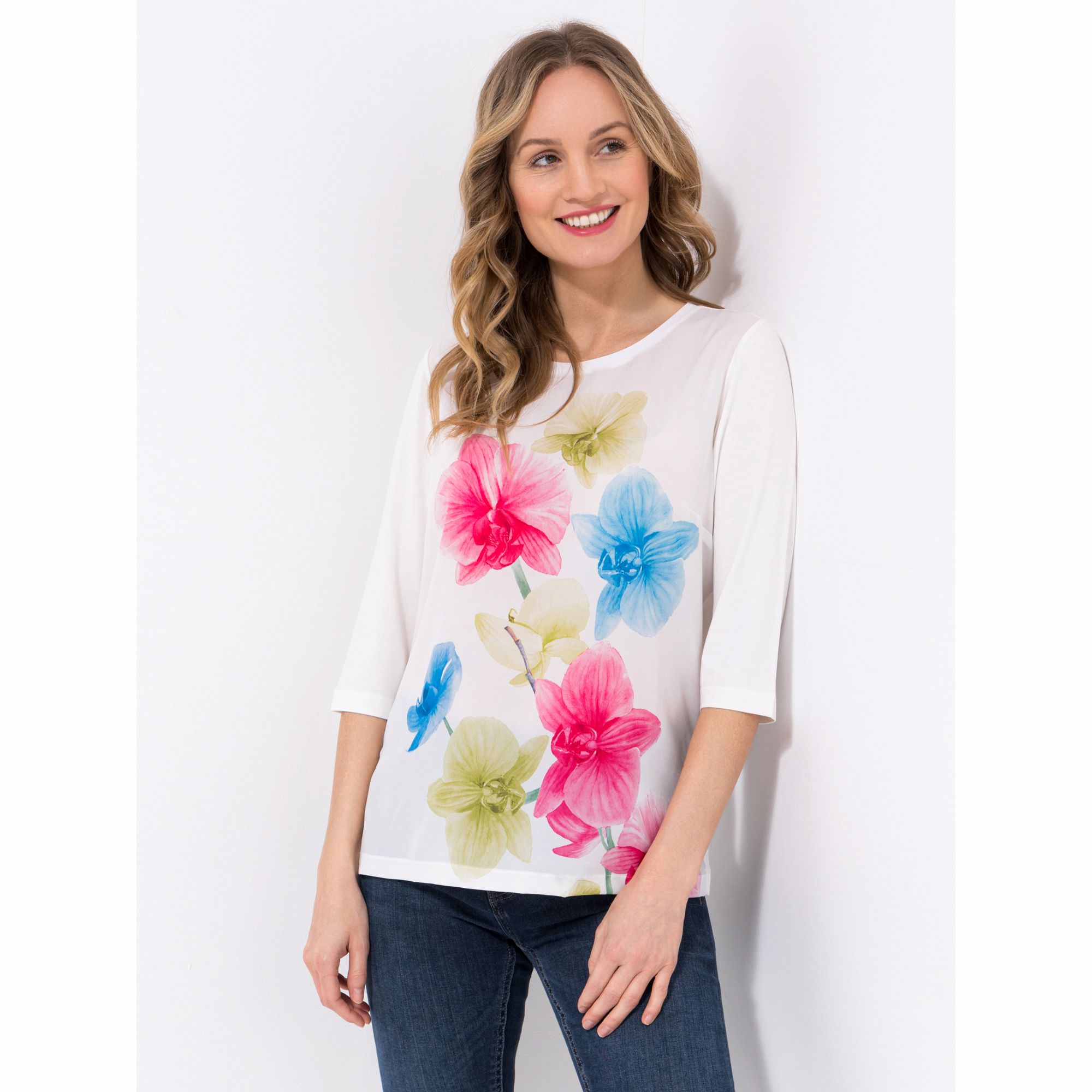 VIA MILANO Blusenshirt, 3/4-Arm Rundhalsausschnitt Materialmix figurumspielend