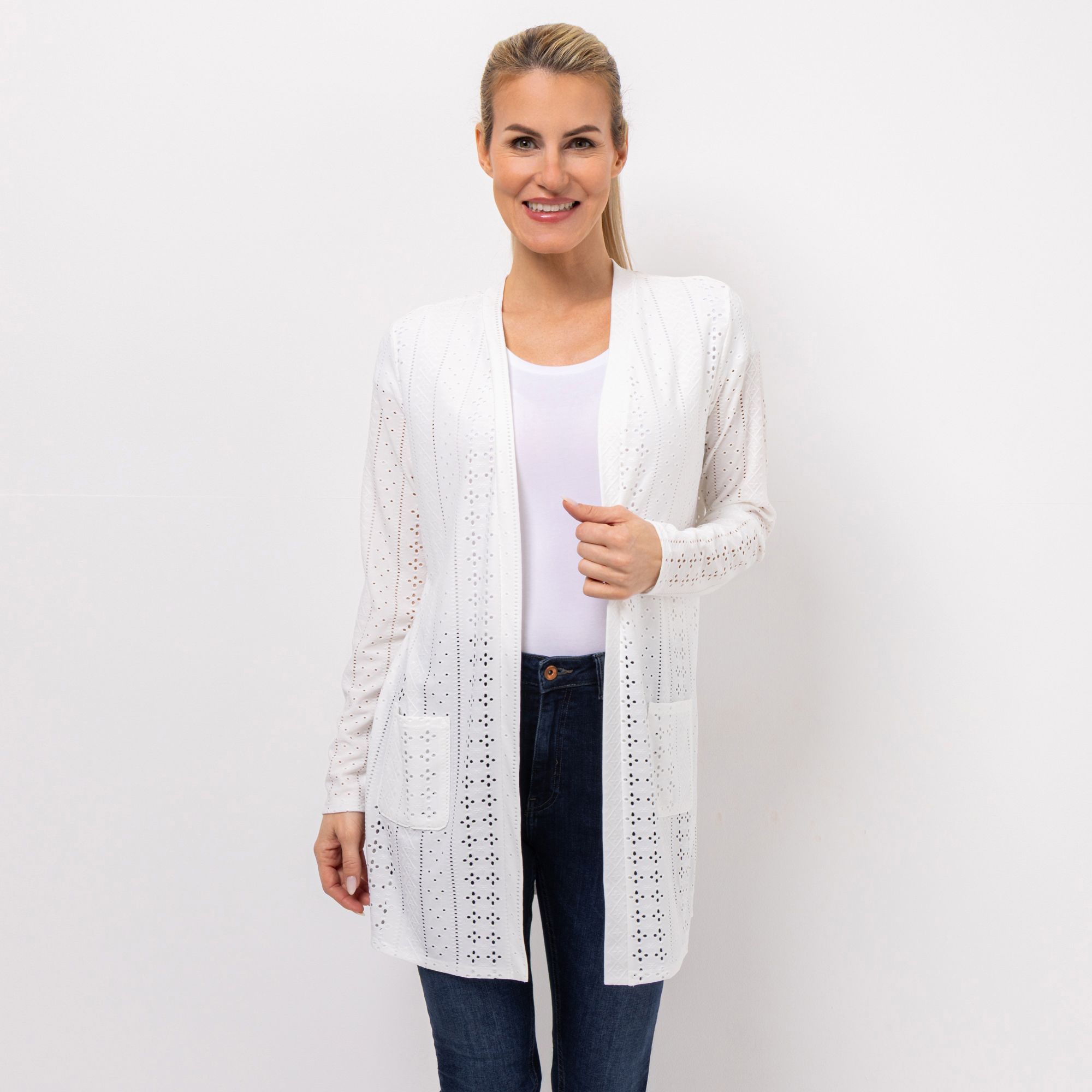 VIA MILANO Cardigan, 1/1-Arm offene Front aufgesetzte Taschen figurumspielend