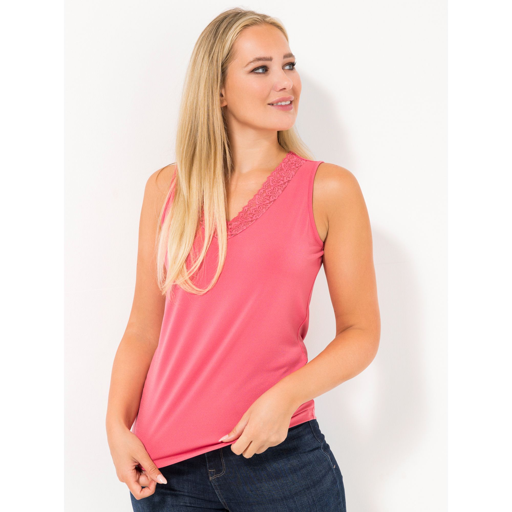 VIA MILANO Top V-Ausschnitt mit Spitzeneinsatz figurbetont