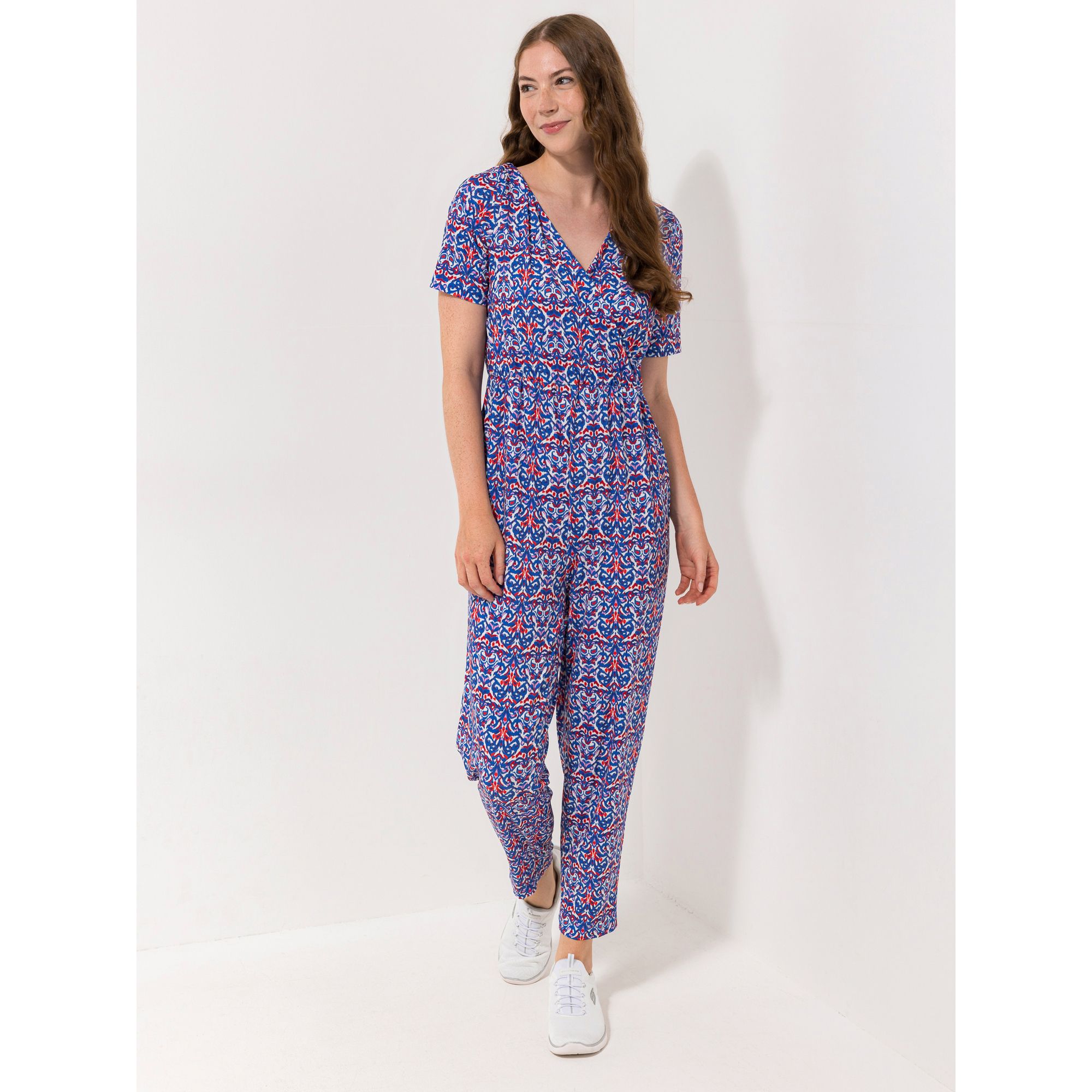 IN-PRINT Jumpsuit, 1/2-Arm V-Ausschnitt grafischer Druck figurumspielend