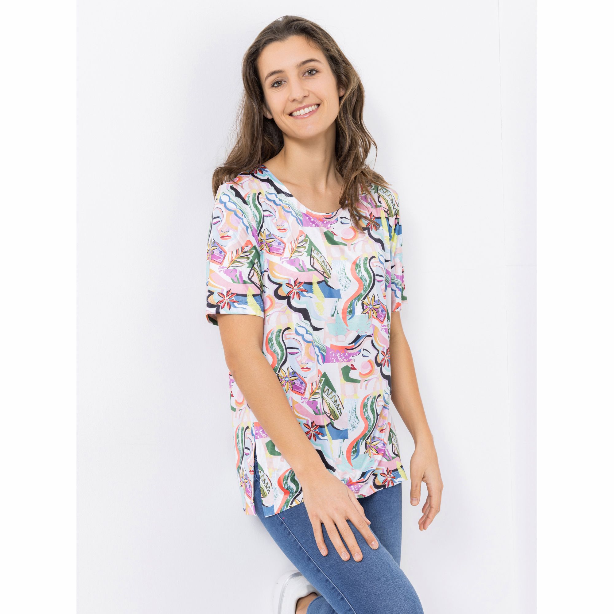 IN-PRINT Shirt, 1/2-Arm Rundhalsausschnitt Seitenschlitze Allover-Druck