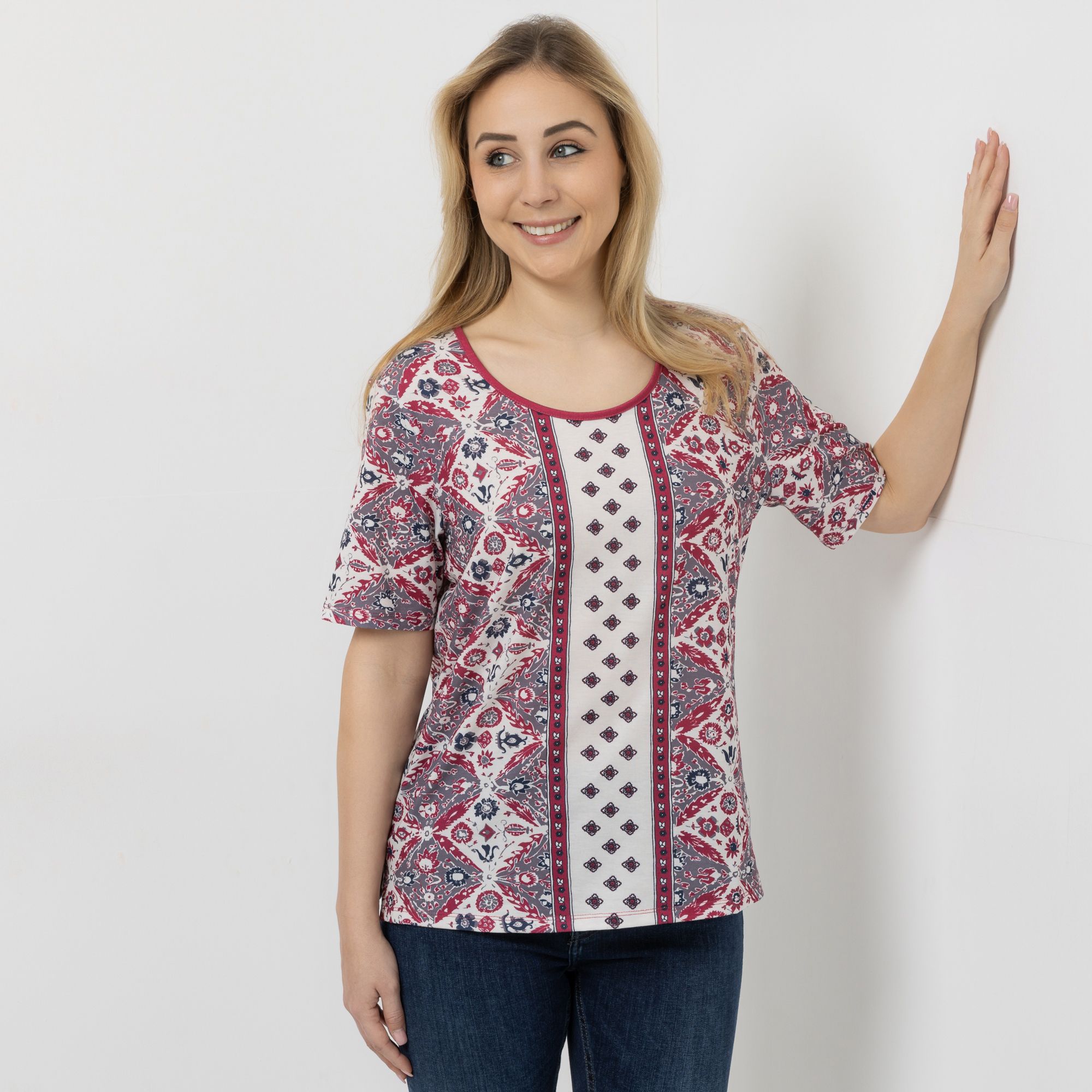 DENIM & CO. Shirt, 1/2-Arm Rundhalsausschnitt Seitennahtschlitze figurumspielend