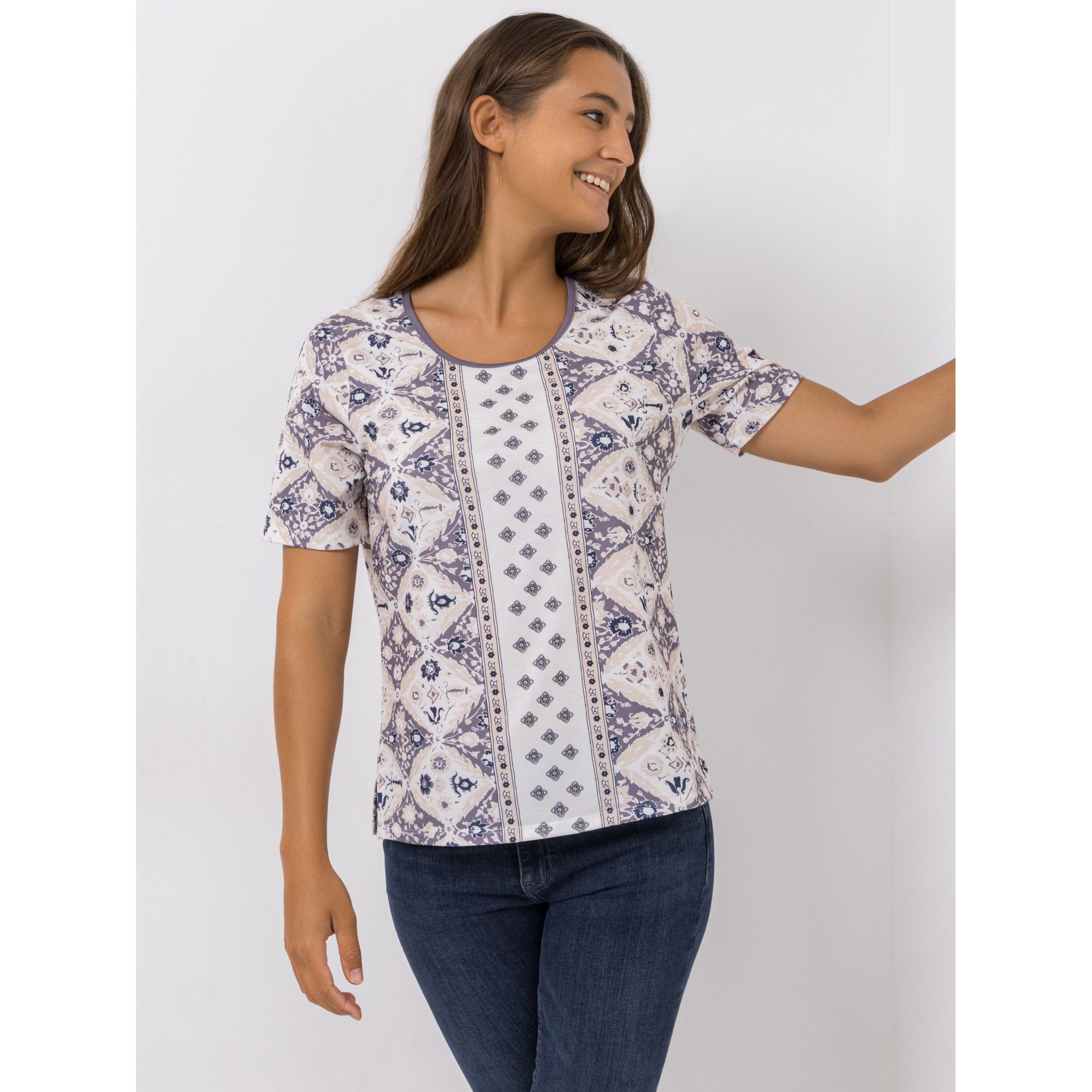 DENIM & CO. Shirt, 1/2-Arm Rundhalsausschnitt Seitennahtschlitze figurumspielend