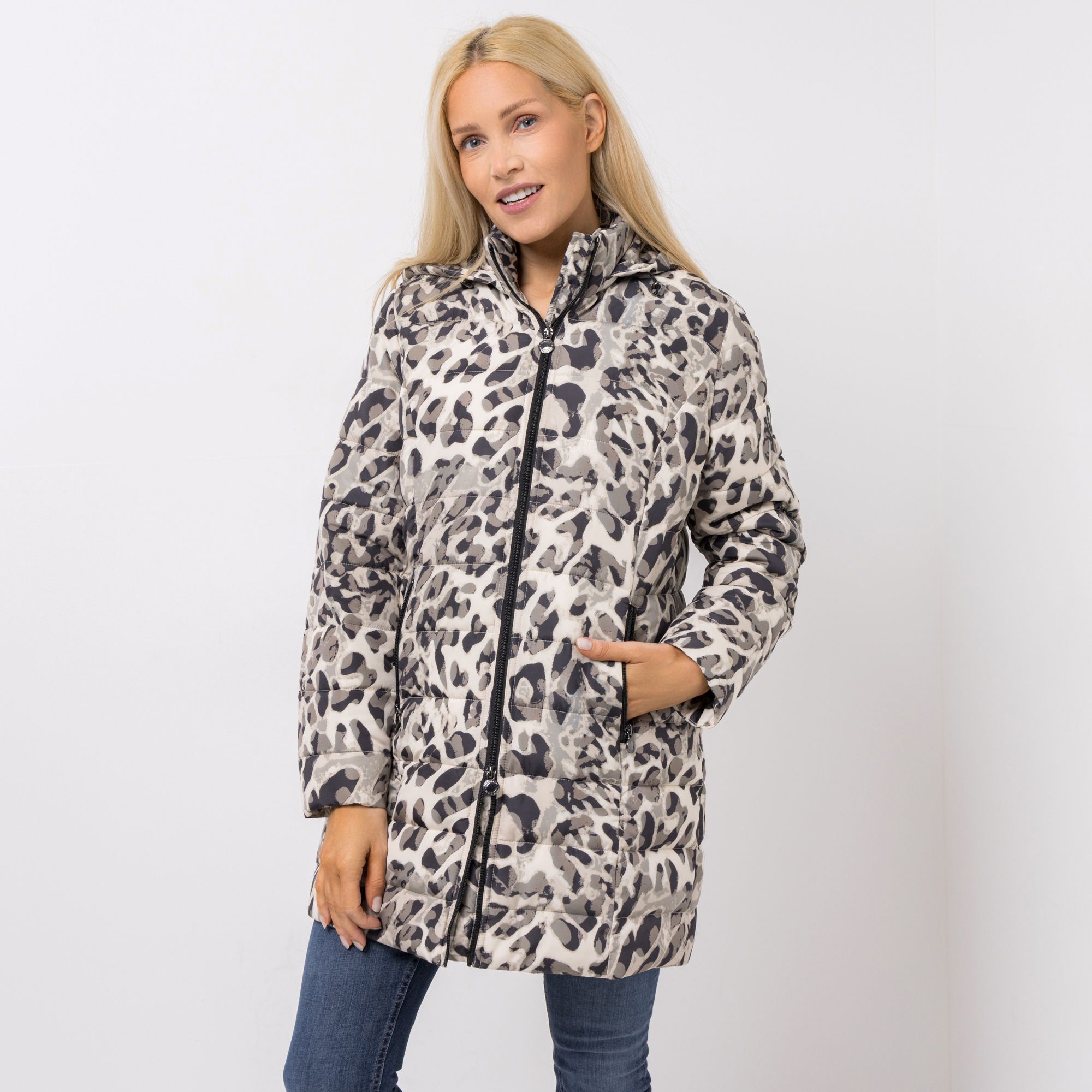 CENTIGRADE Steppmantel angeschnittene Kapuze Reißverschlusstaschen 2-Wege-Reißverschluss