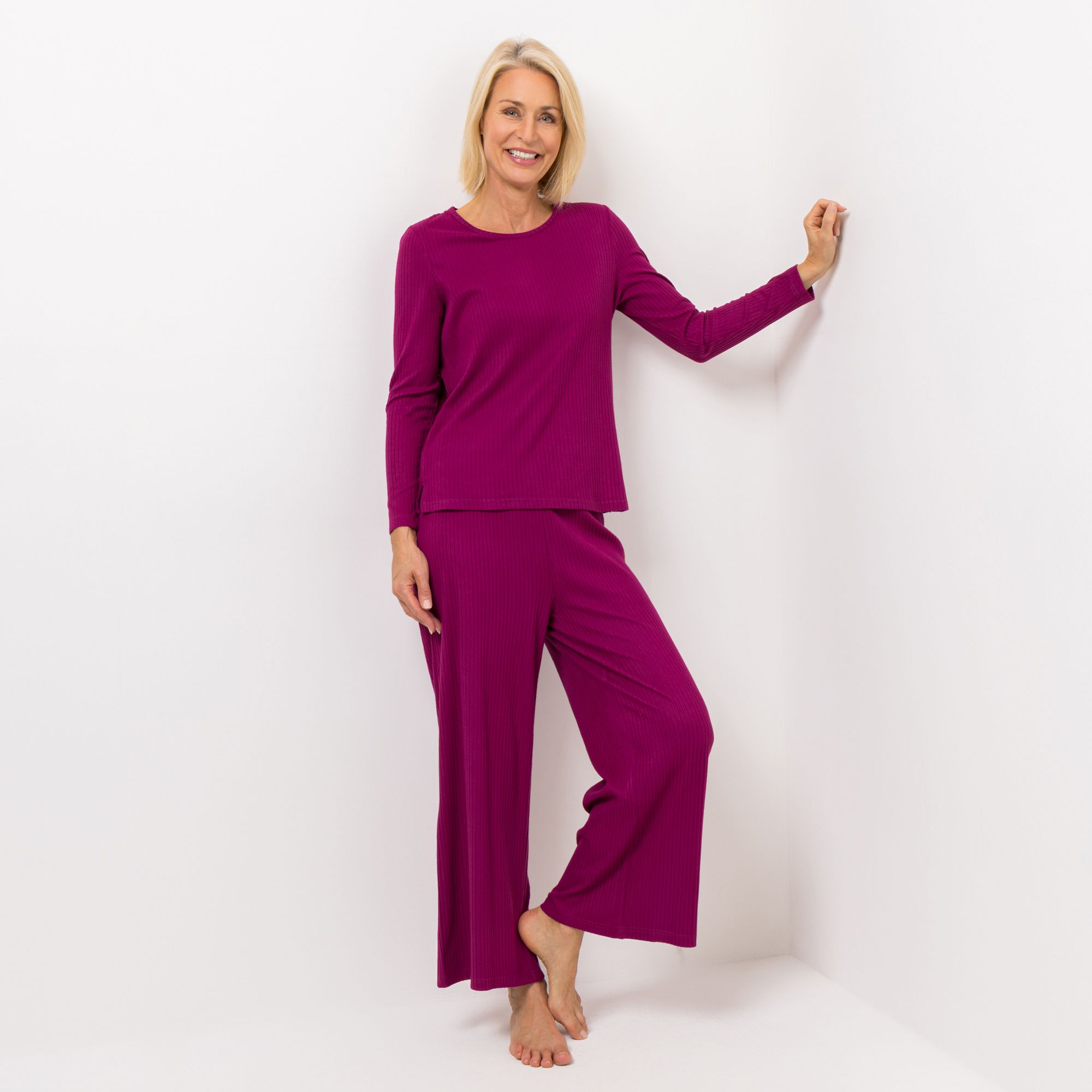 LITTLE ROSE Pyjama Mikrofaser Rippmuster weites Bein