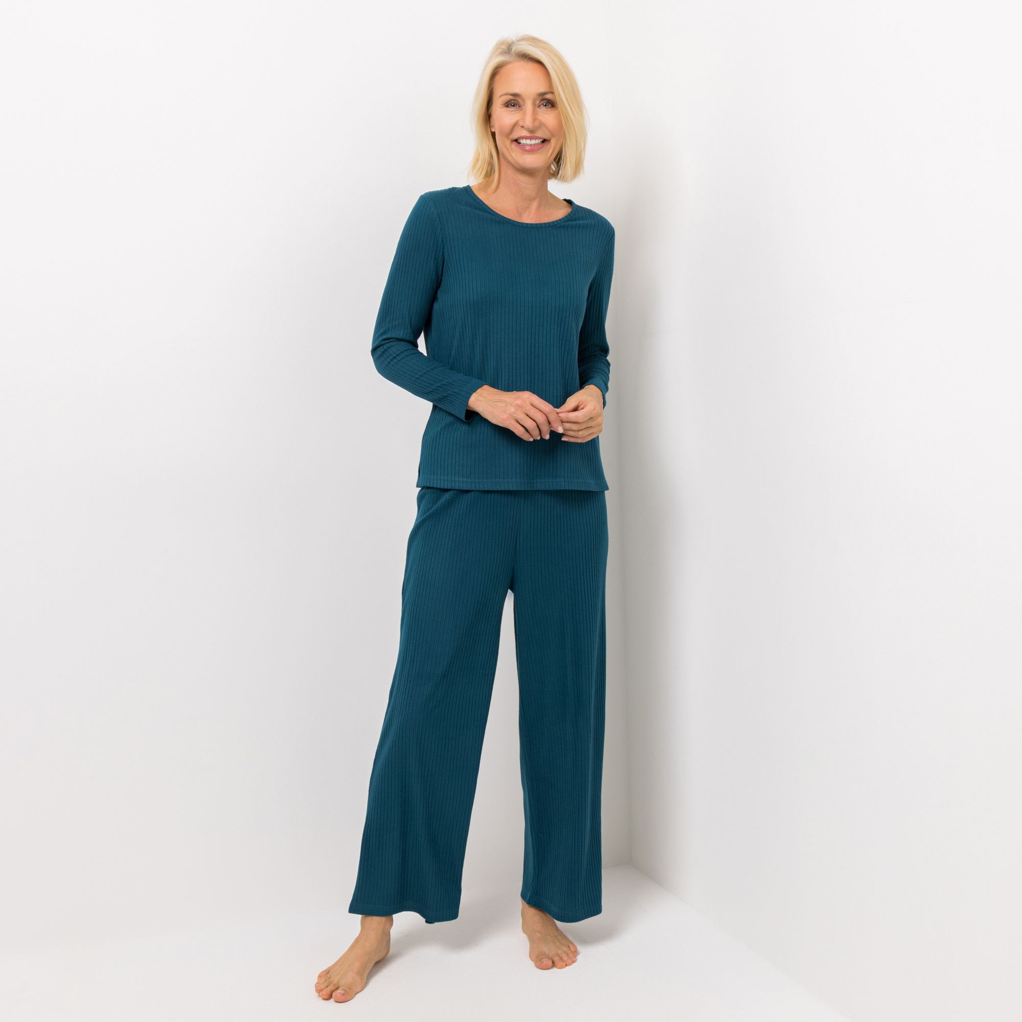 LITTLE ROSE Pyjama Mikrofaser Rippmuster weites Bein