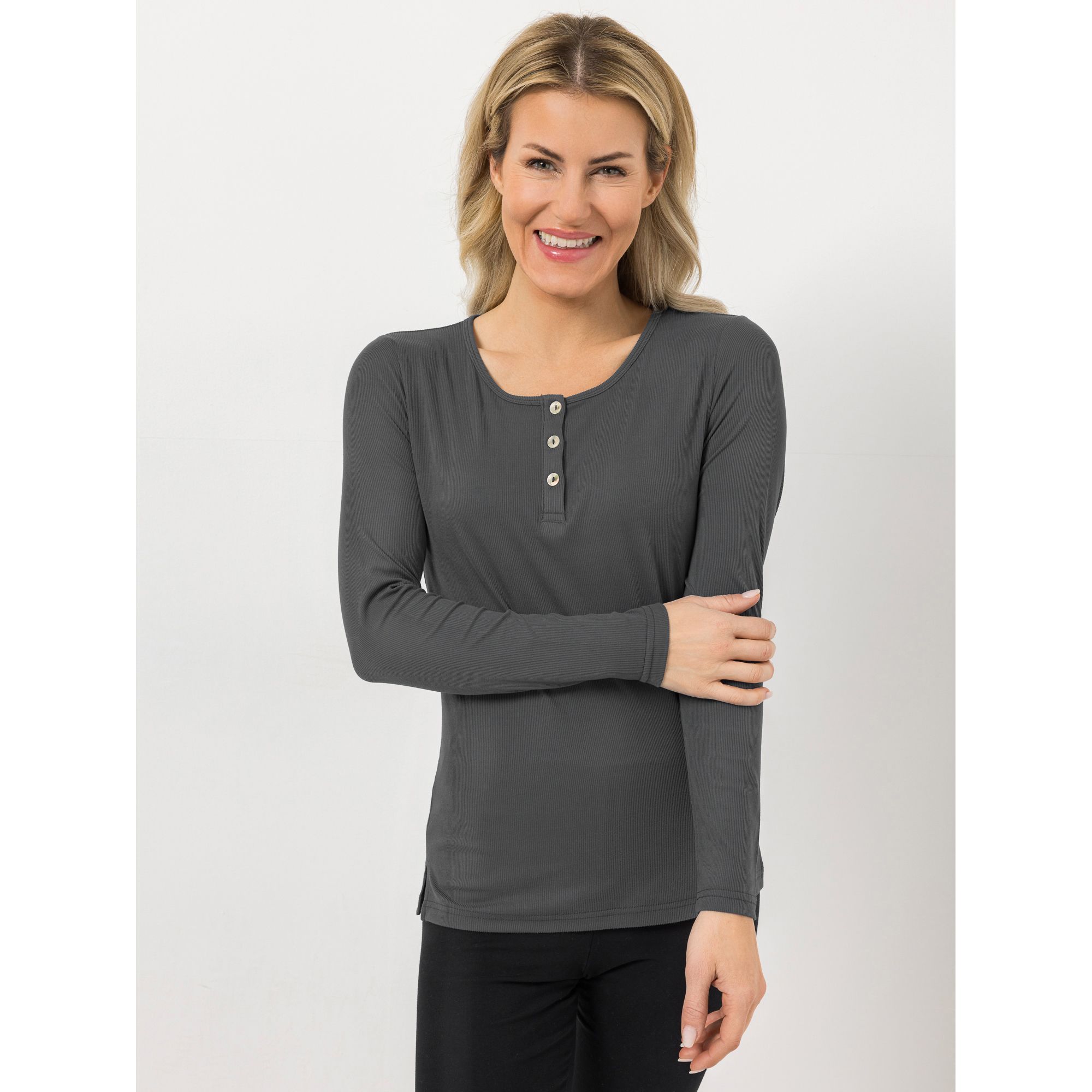 JERYMOOD HOMEWEAR Shirt, 1/1-Arm Mikrofaser Seitenschlitze Henley-Kragen