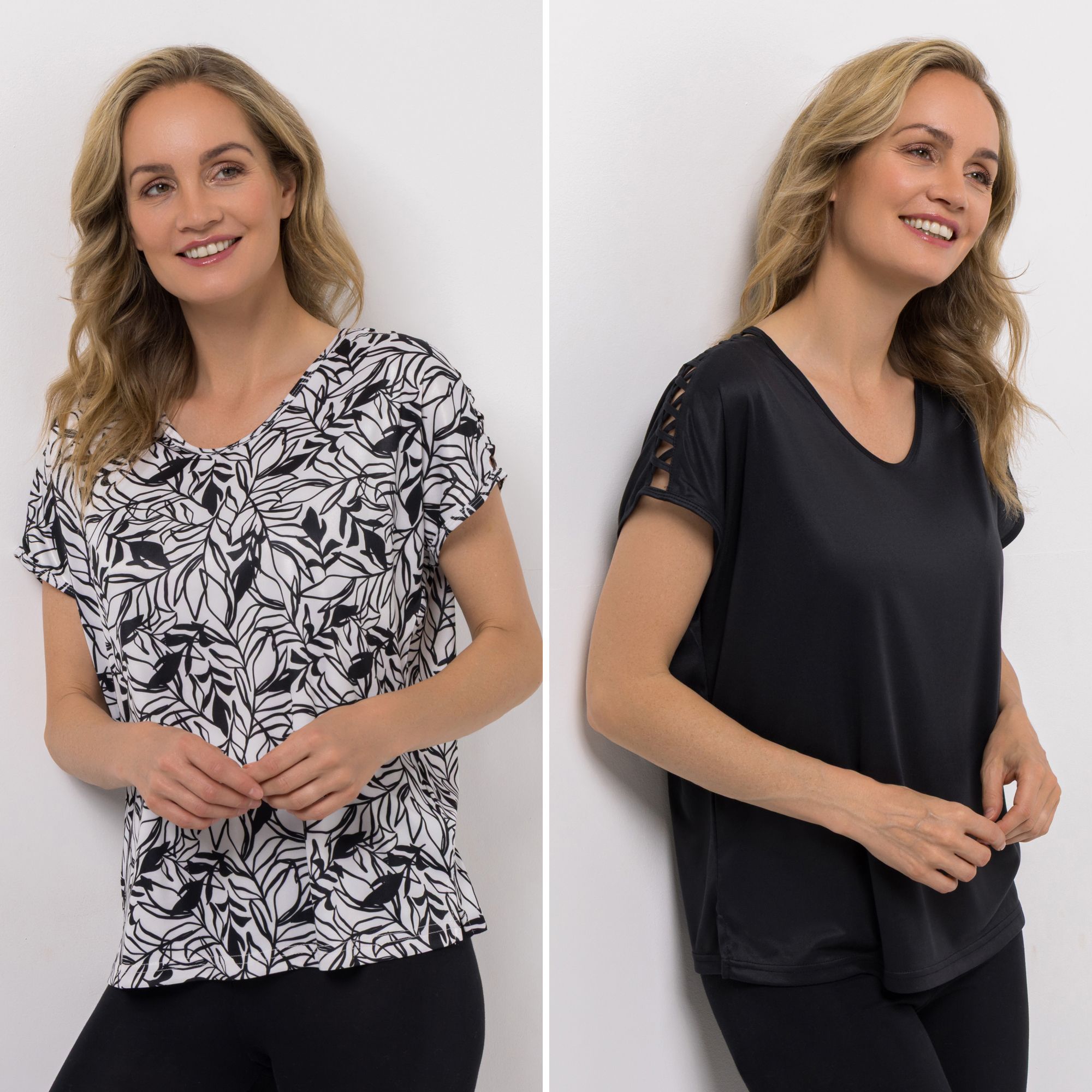 JERYMOOD HOMEWEAR 2 Shirts, 1/4-Arm V-Ausschnitt Seitenschlitze 1x uni, 1x bedruckt