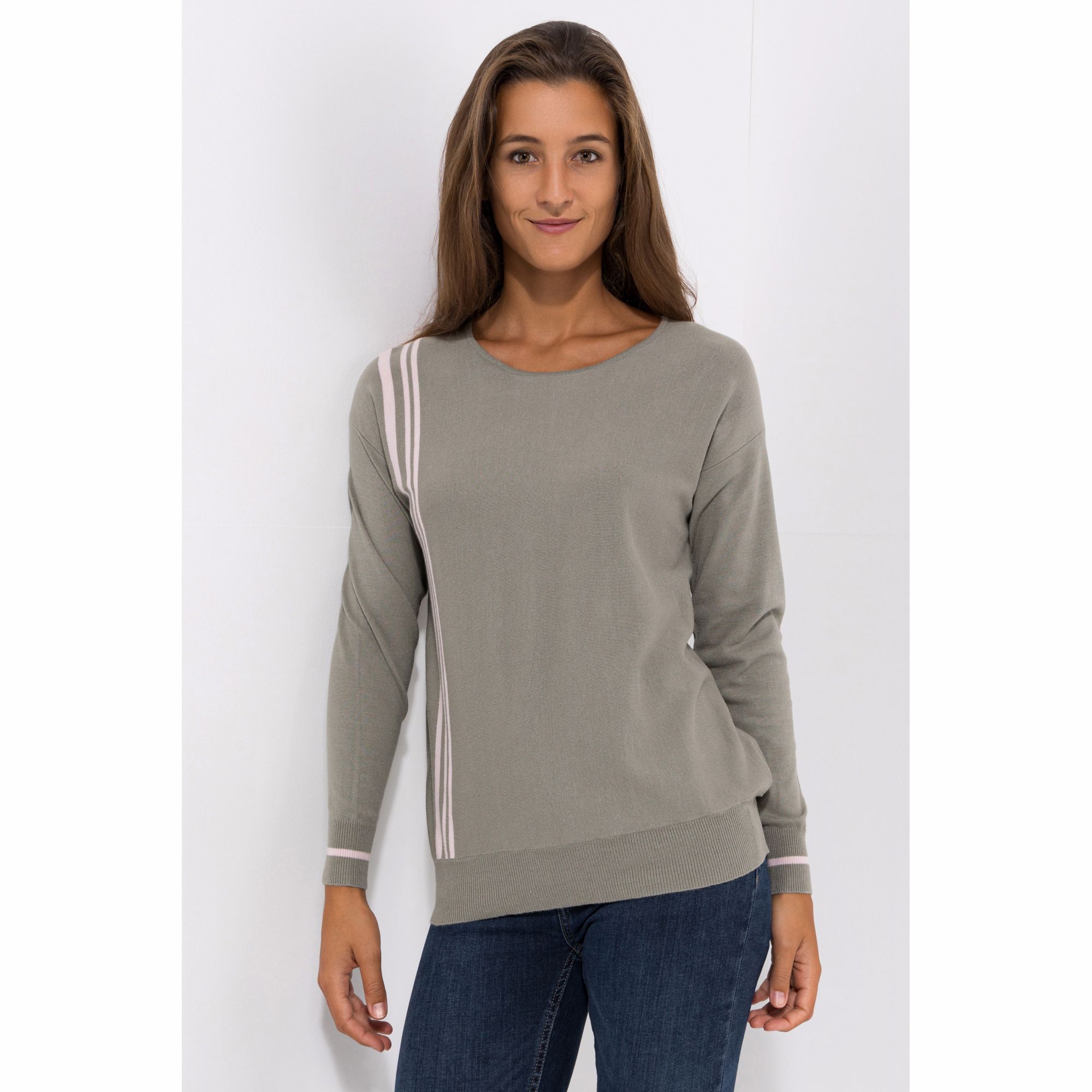 DENIM & CO. Pullover, 1/1-Arm mit Kontraststreifen Rundhalsauschnitt Oversize-leger weit