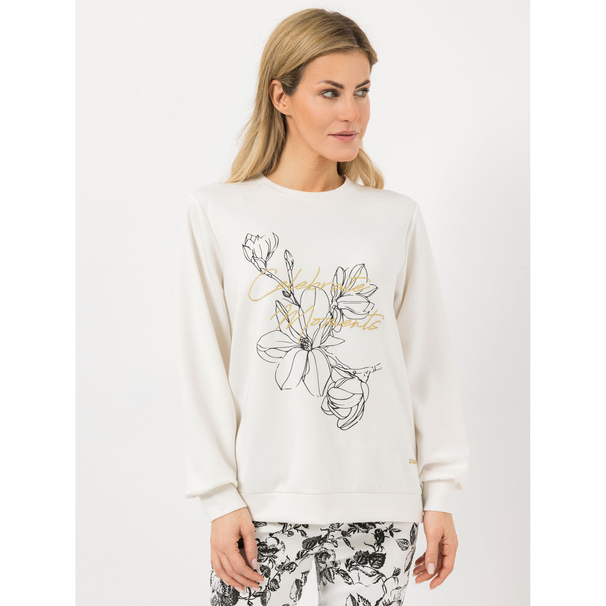 AMINATI® Sweatshirt, 1/1-Arm Rundhalsausschnitt Blumen-Druck Seitennahtschlitze