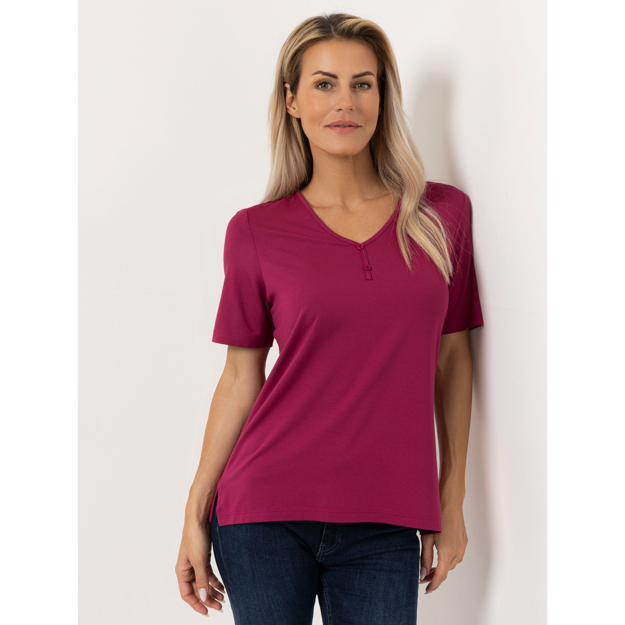 DENIM & CO. Shirt, 1/2-Arm V-Ausschnitt Seitennahtschlitze figurumspielend