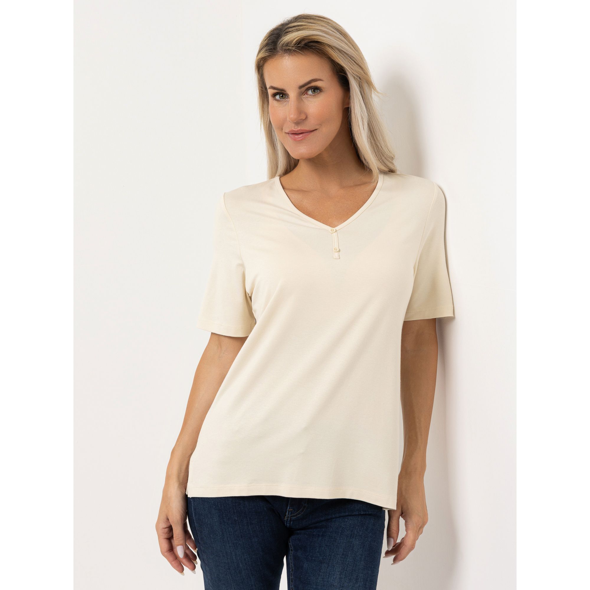 DENIM & CO. Shirt, 1/2-Arm V-Ausschnitt Seitennahtschlitze figurumspielend