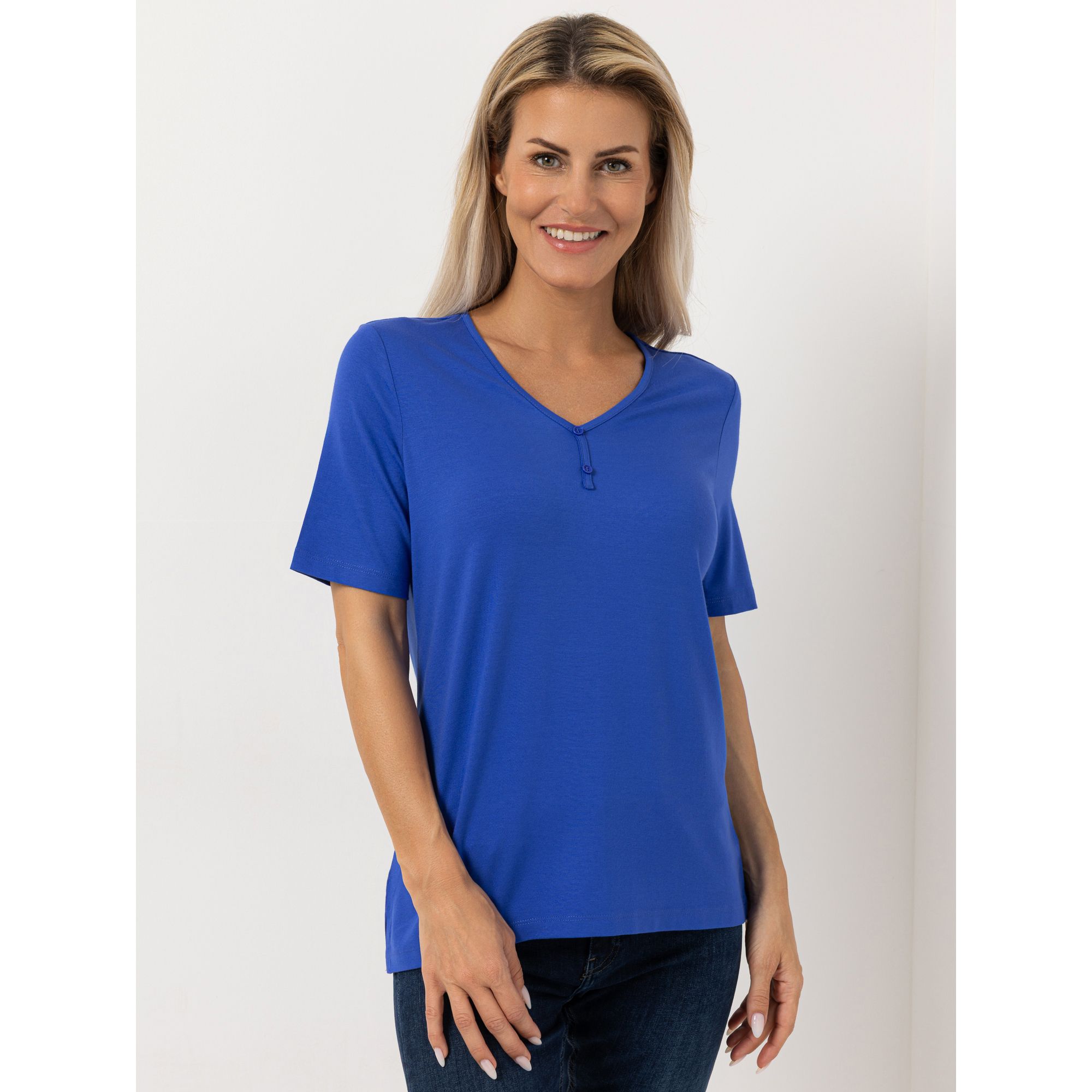 DENIM & CO. Shirt, 1/2-Arm V-Ausschnitt Seitennahtschlitze figurumspielend