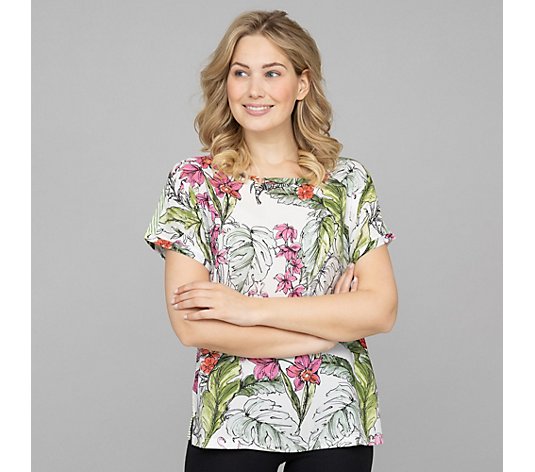 LYLA Homewear Blusenshirt, Kurzarm Rundhalsausschnitt floraler Druck hinten geringelt