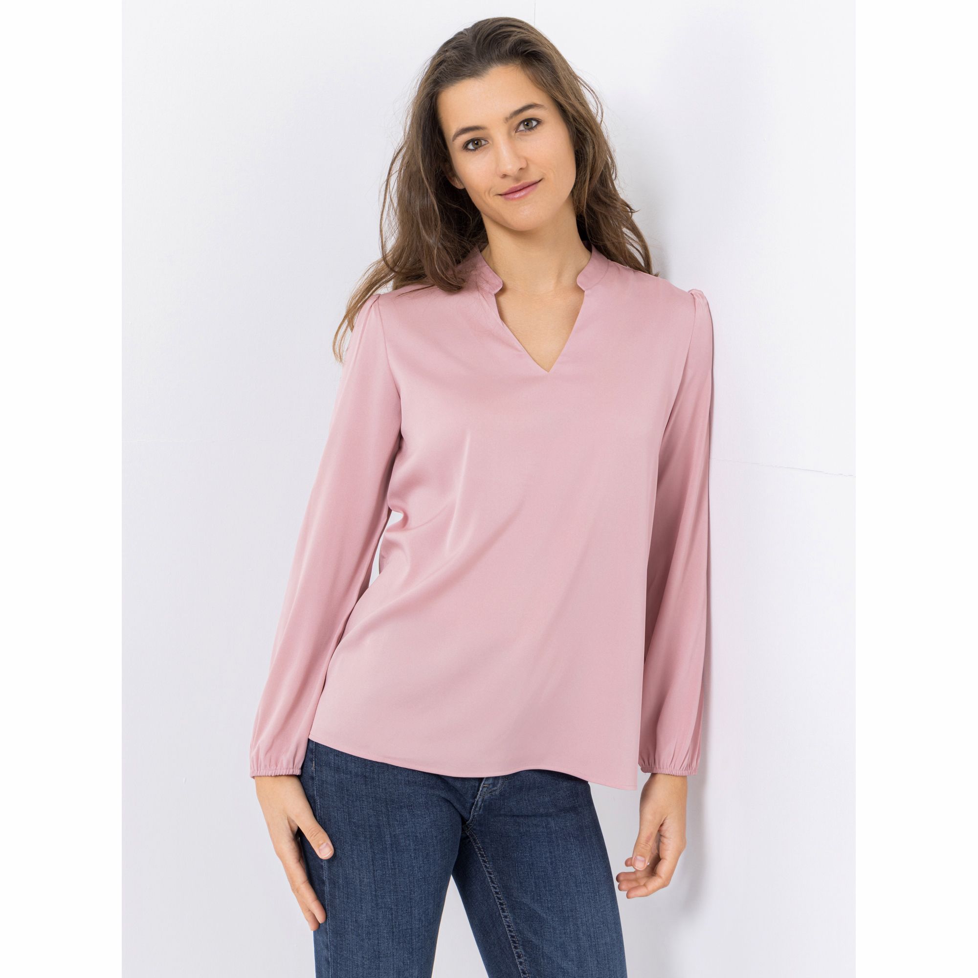 VIA MILANO Bluse, 1/1-Arm V-Ausschnitt mit Stehkragen Bündchen am Ärmel