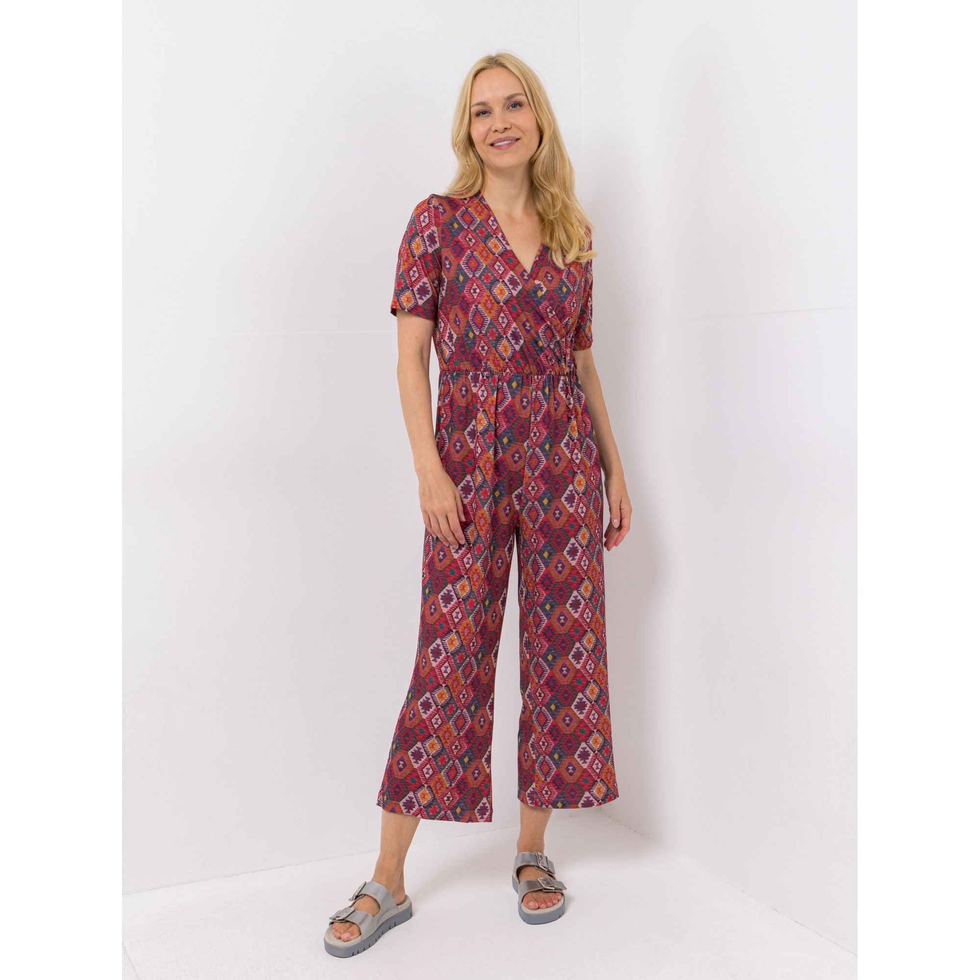 IN-PRINT Jumpsuit, 1/2-Arm V-Ausschnitt 7/8-Beinlänge Allover-Druck