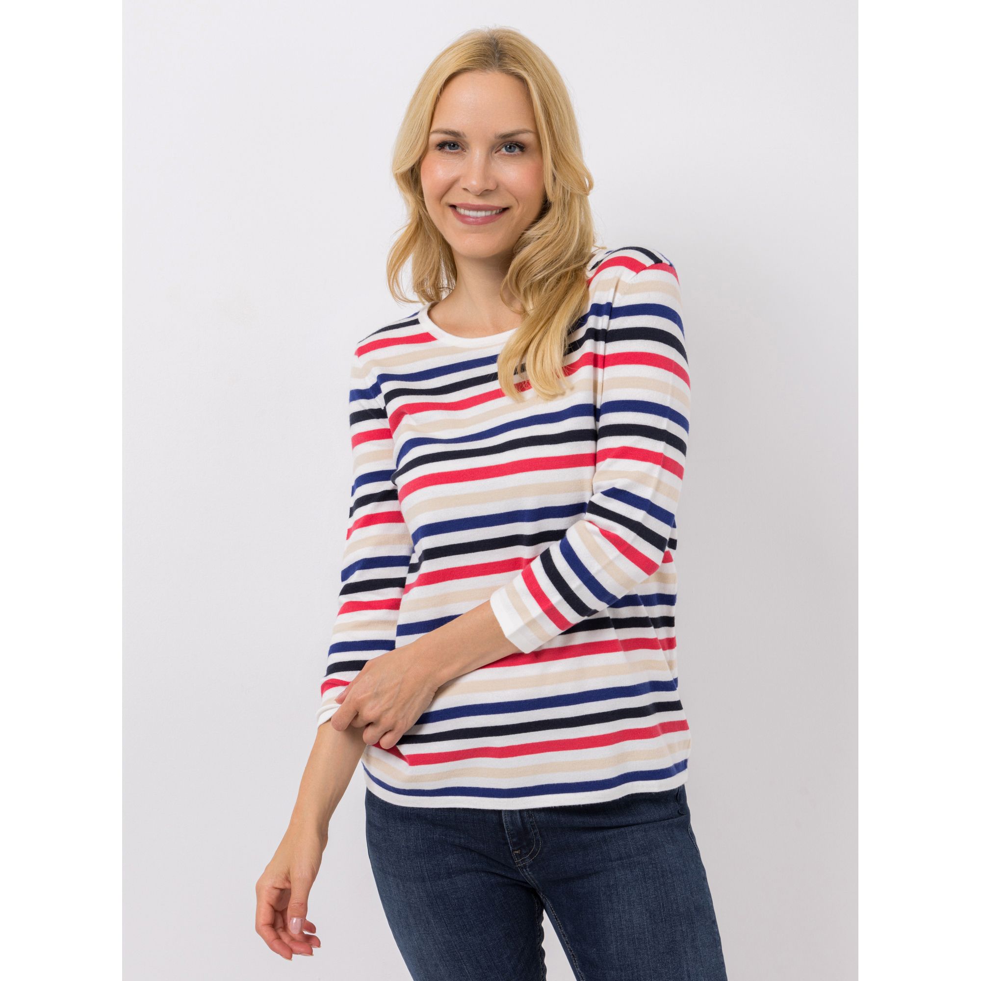 DENIM & CO. Pullover, 3/4-Arm Rundhalsausschnitt Feinstrick gestreift