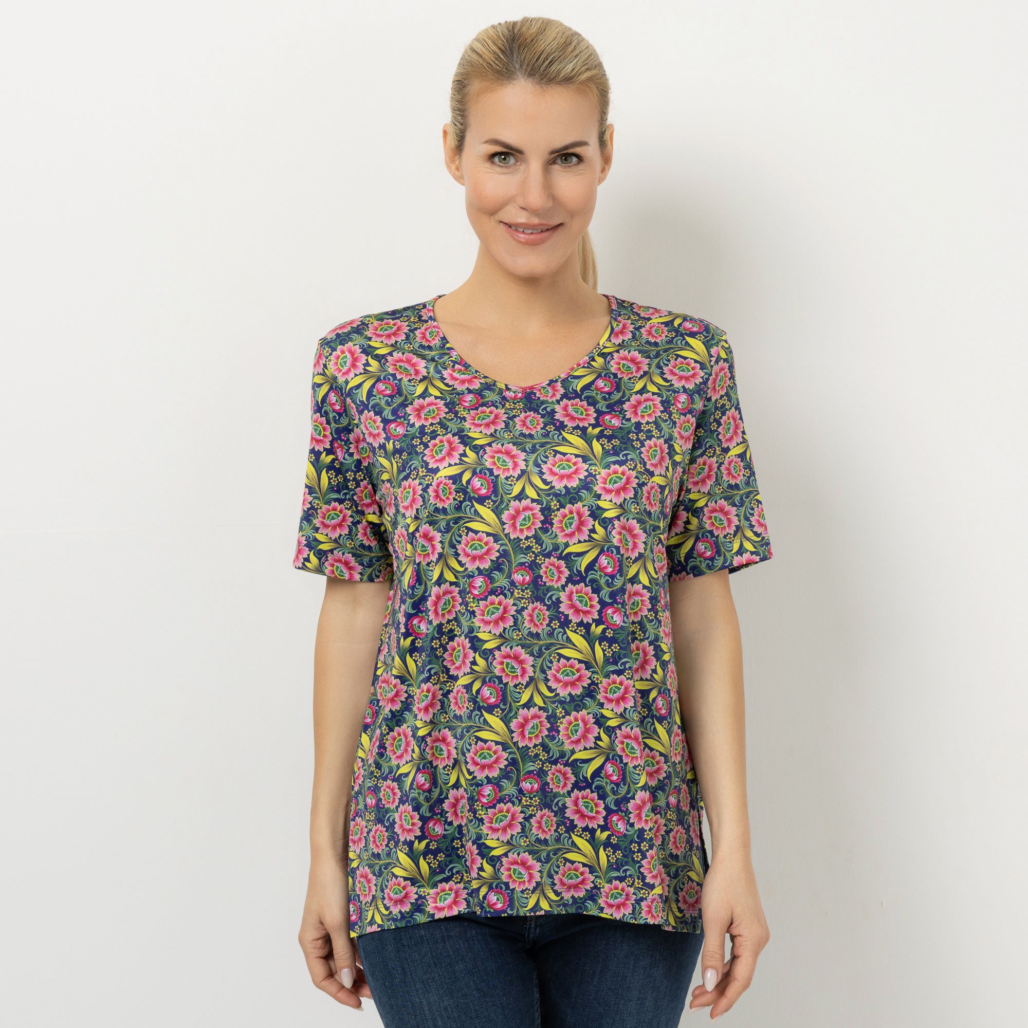 IN-PRINT Shirt, 1/2-Arm V-Ausschnitt Seitenschlitze