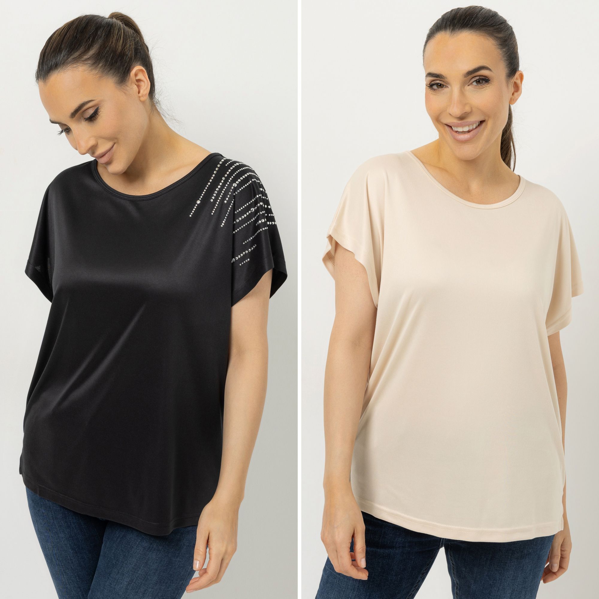 JERYMOOD HOMEWEAR 2 Shirts, 1/4-Arm Rundhalsausschnitt Strassdetails leger weit