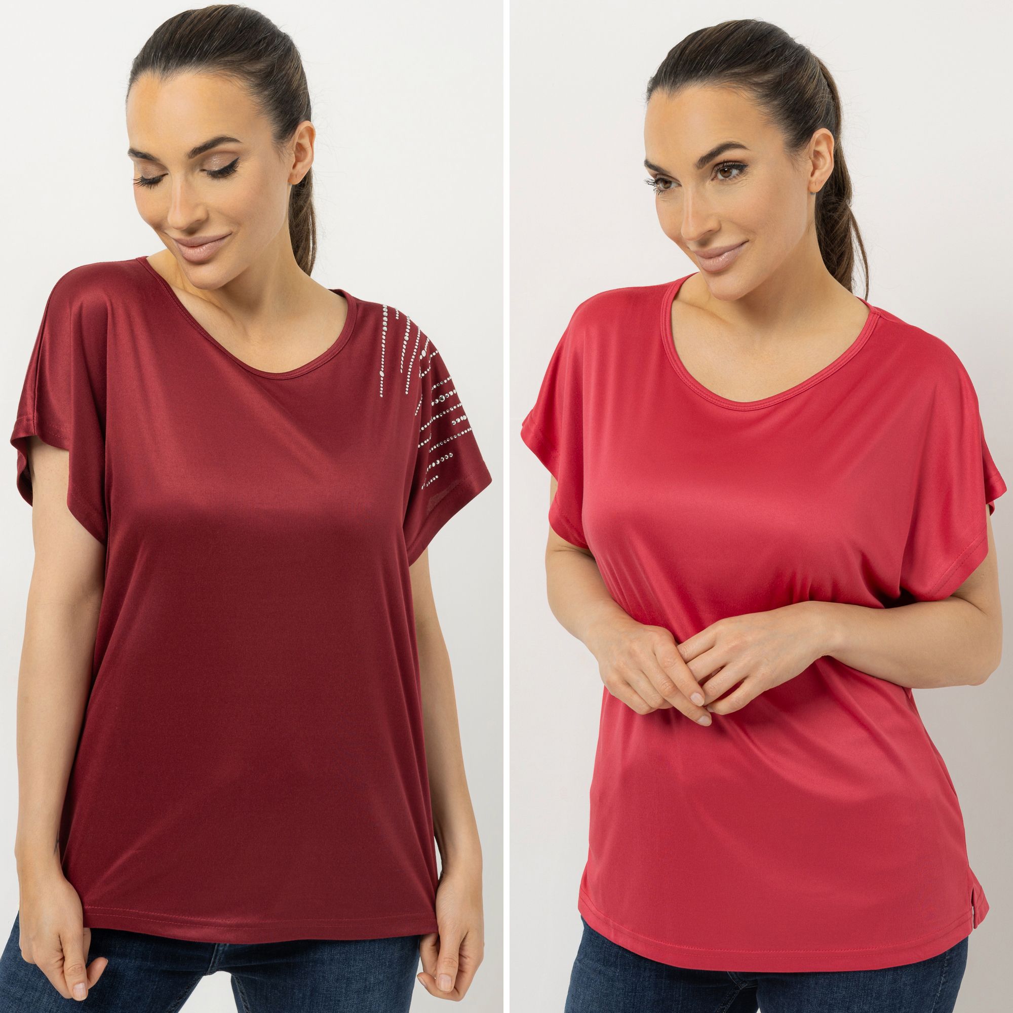 JERYMOOD HOMEWEAR 2 Shirts, 1/4-Arm Rundhalsausschnitt Strassdetails leger weit
