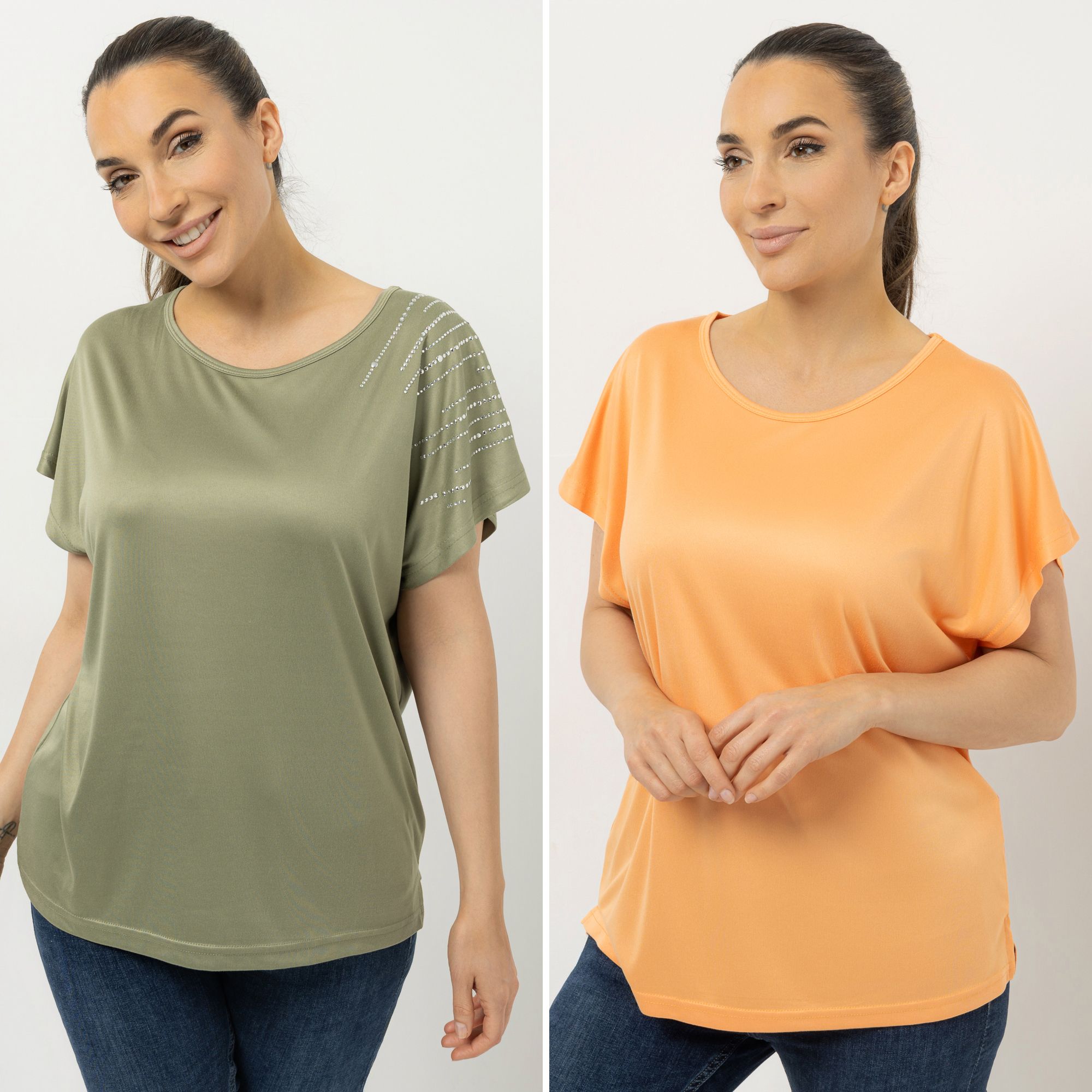 JERYMOOD HOMEWEAR 2 Shirts, 1/4-Arm Rundhalsausschnitt Strassdetails leger weit