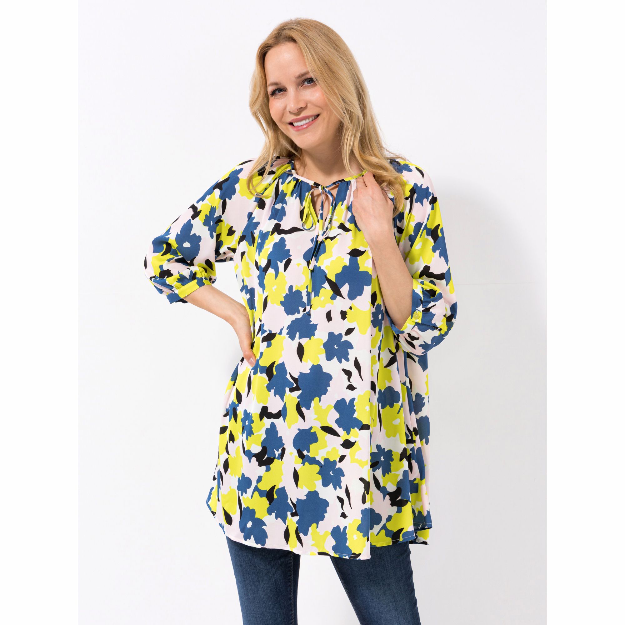 VIA MILANO Tunika, 3/4-Arm Rundhalsausschnitt Bindeband bedruckt