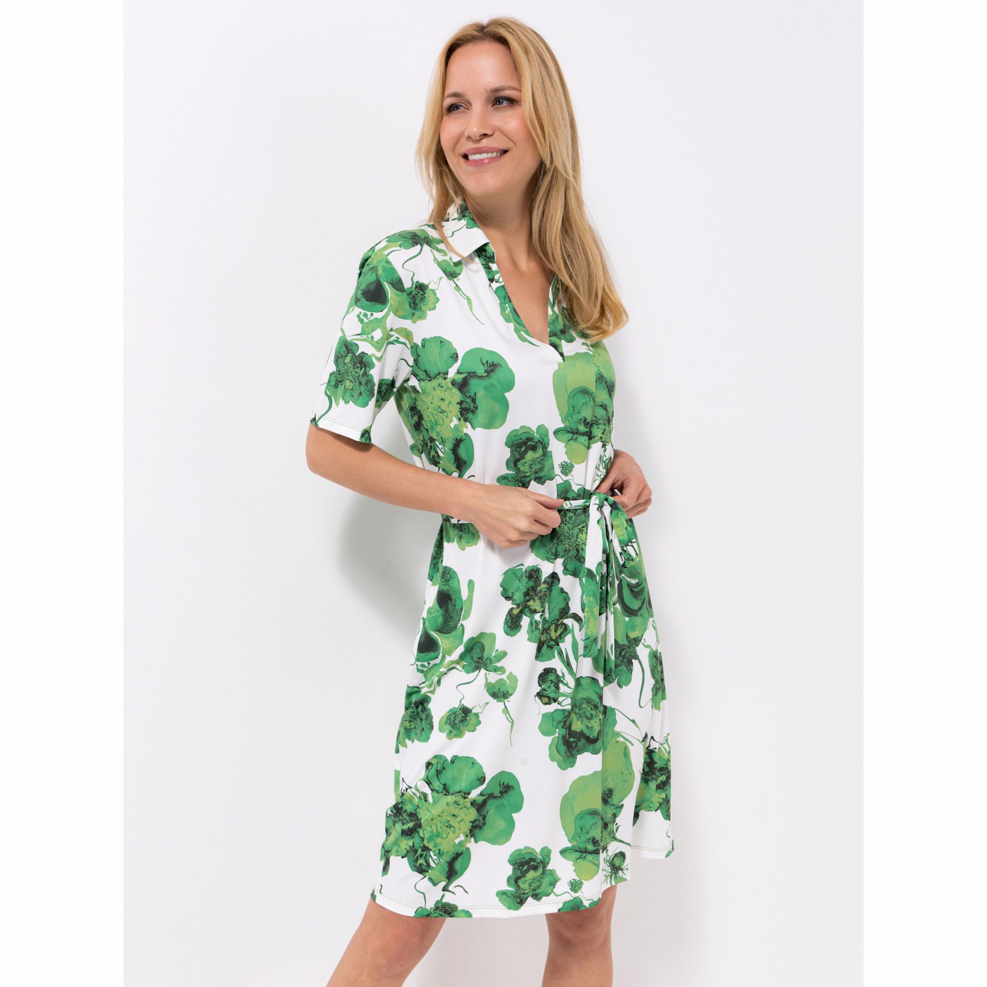 IN-PRINT Kleid, 1/2-Arm Polokragen Blätterdruck Figurumspielend