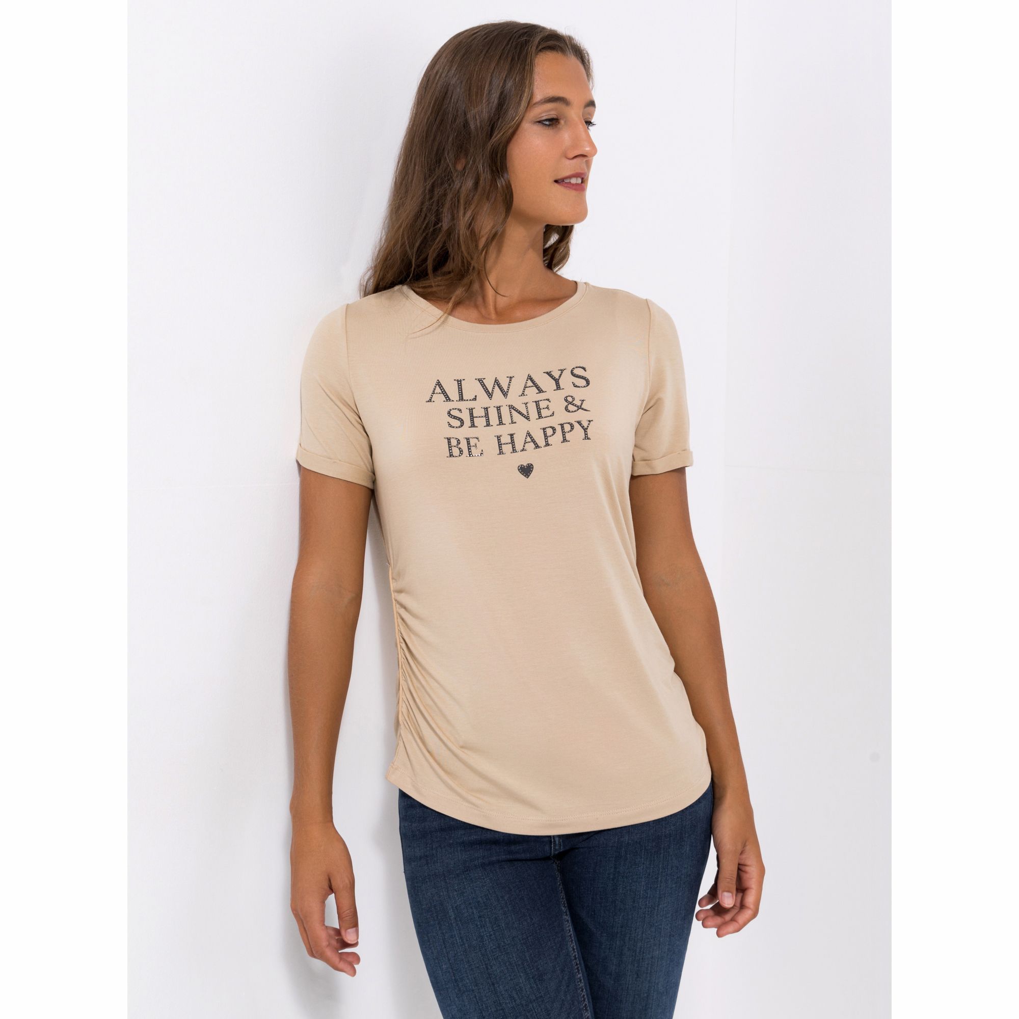 VIA MILANO Shirt, kurzer 1/2-Arm Rundhalsausschnitt seitliche Raffungen figurumspielend