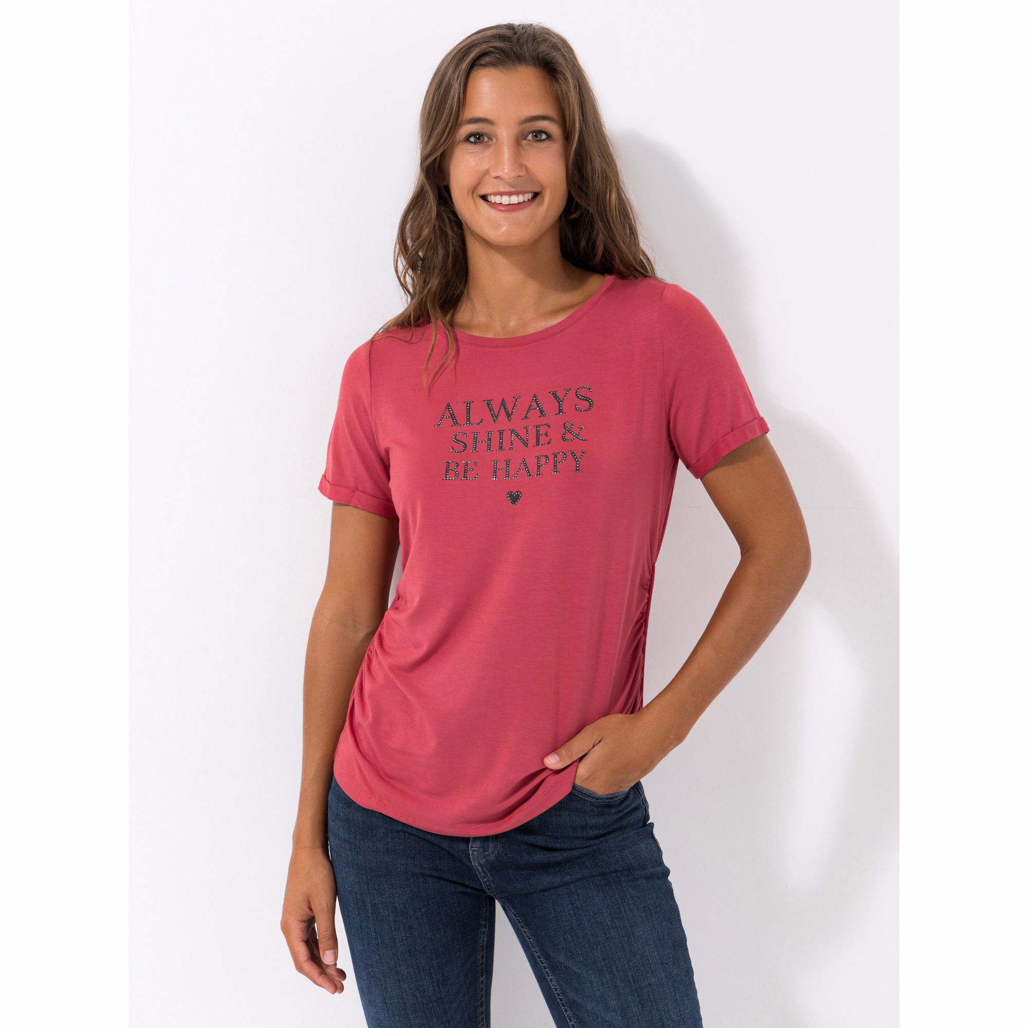 VIA MILANO Shirt, kurzer 1/2-Arm Rundhalsausschnitt seitliche Raffungen figurumspielend