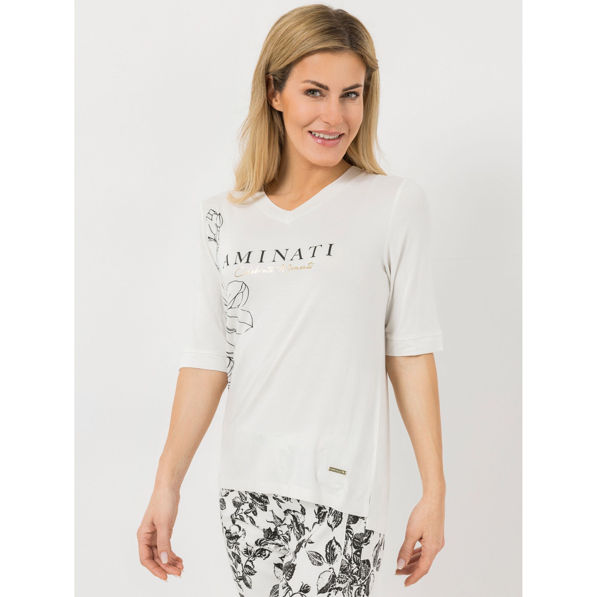 AMINATI® Shirt, 1/2-Arm V-Ausschnitt Seitenschlitze Blumen-Druck